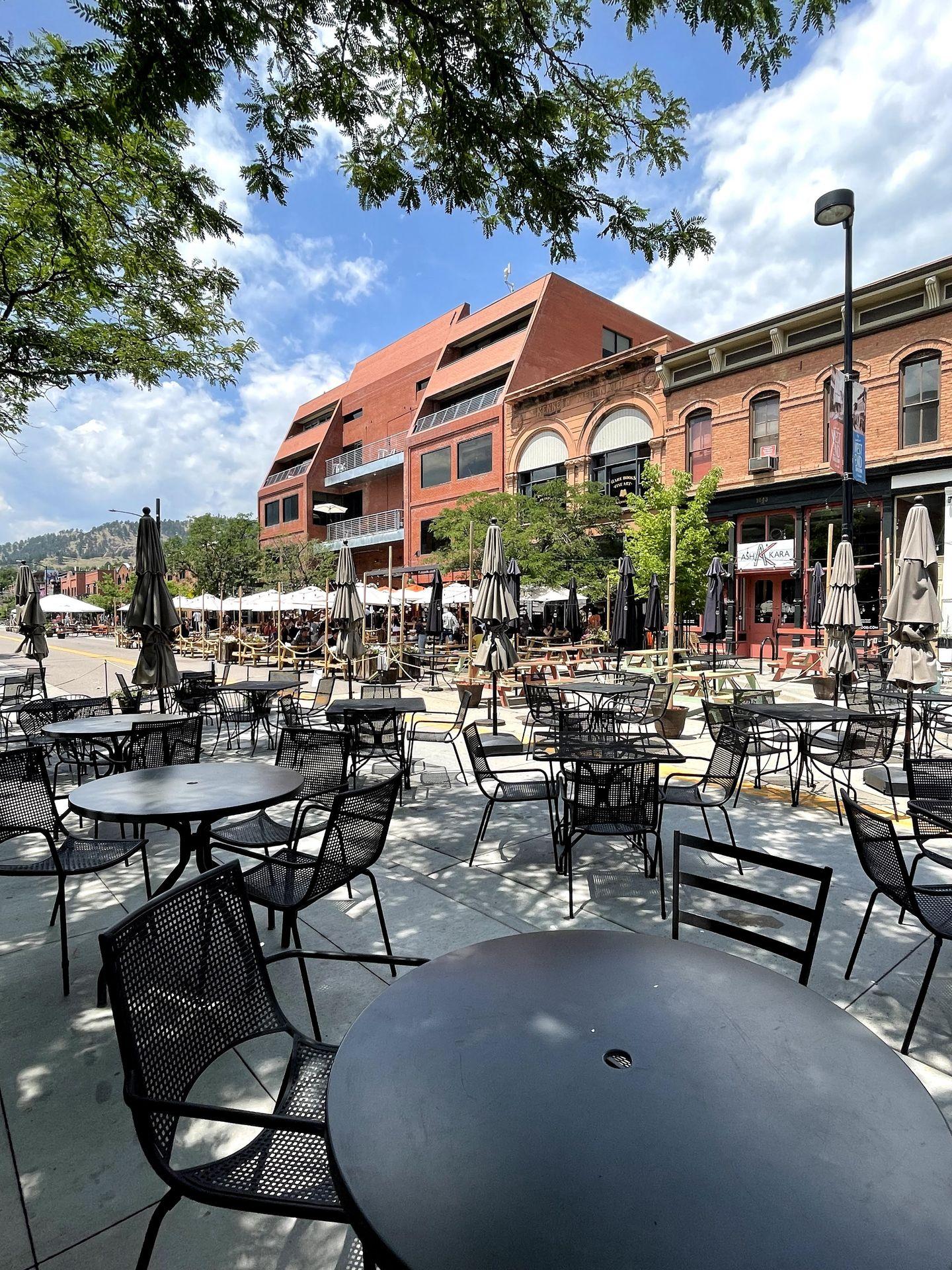 An outdoor seating area on Pearl Street in Boulder.