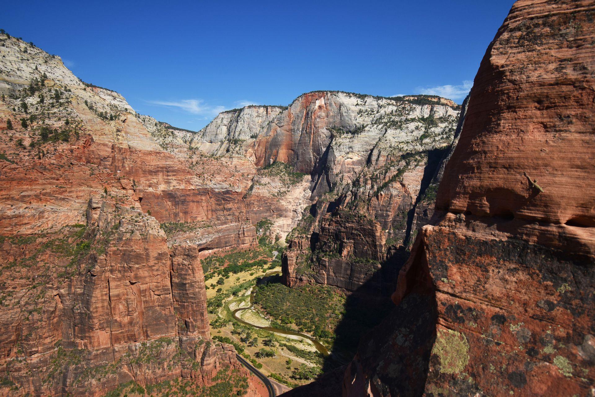 A view of a canyon in Zion National Park. The canyon walls are orange and white and tower high above the valley.