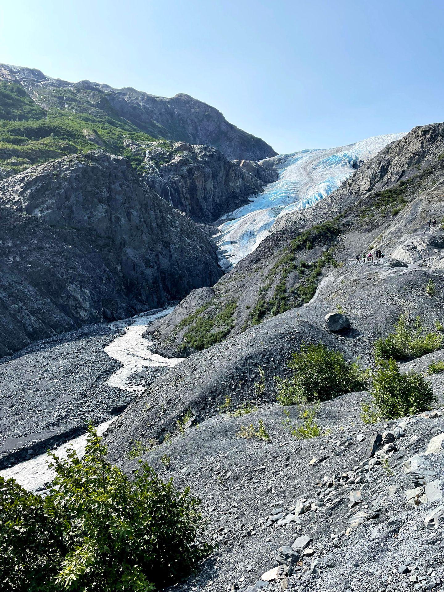 Exit Glacier with a sign for '2010' way out in front of the glacier.
