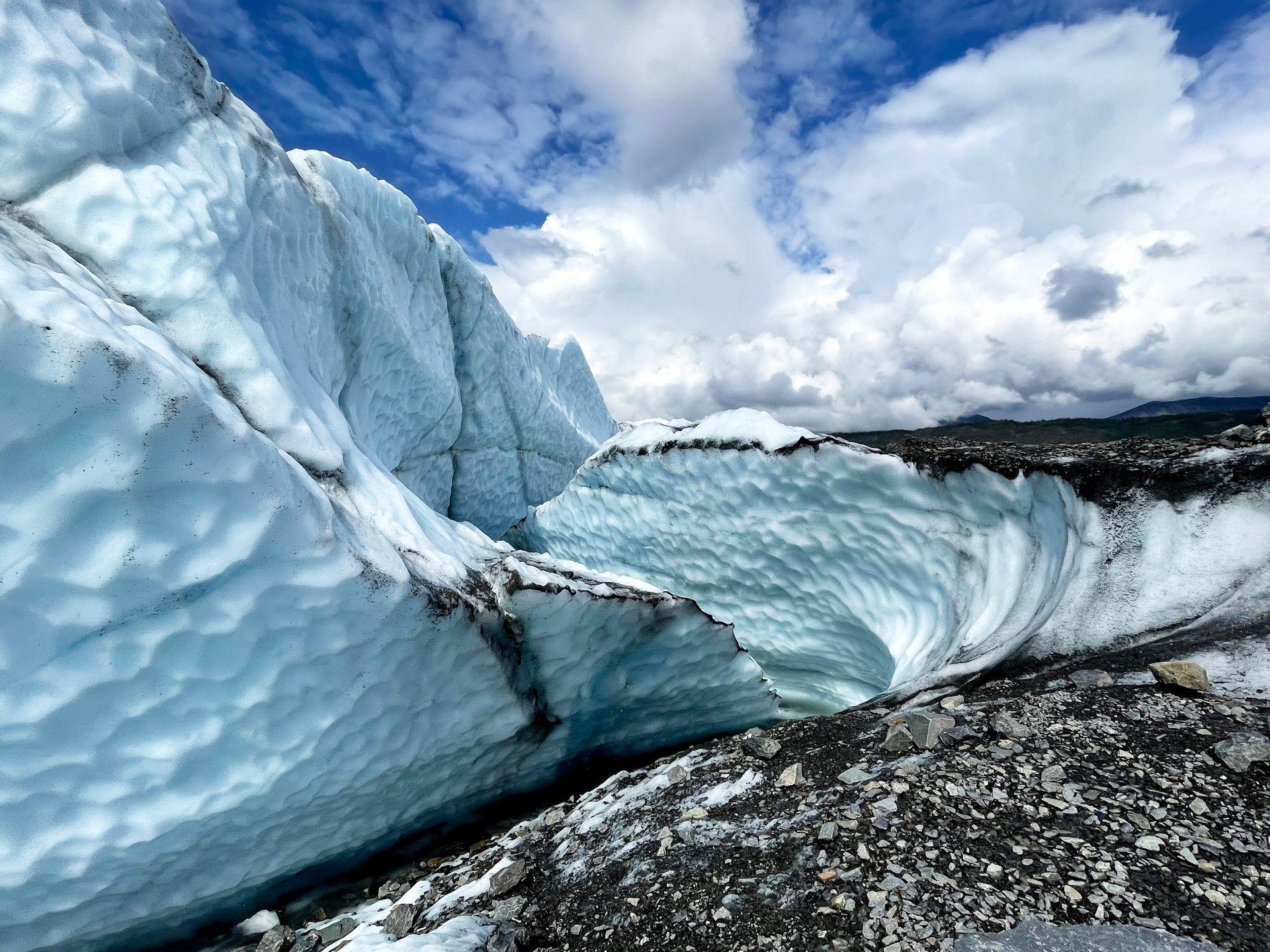 Blue glacial ice sticking up and twirling around at Matanuska Glacier.