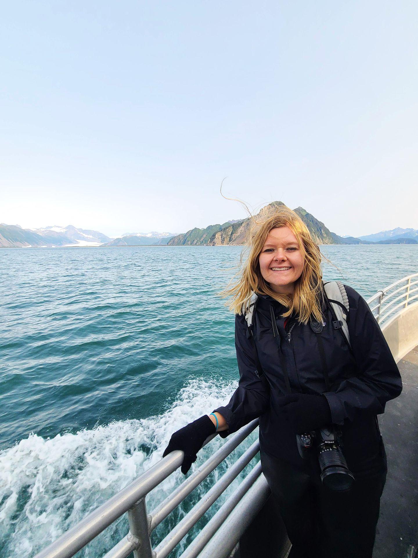 Lydia on a boat during the boat ride from Resurrection Bay in Kenai Fjords.