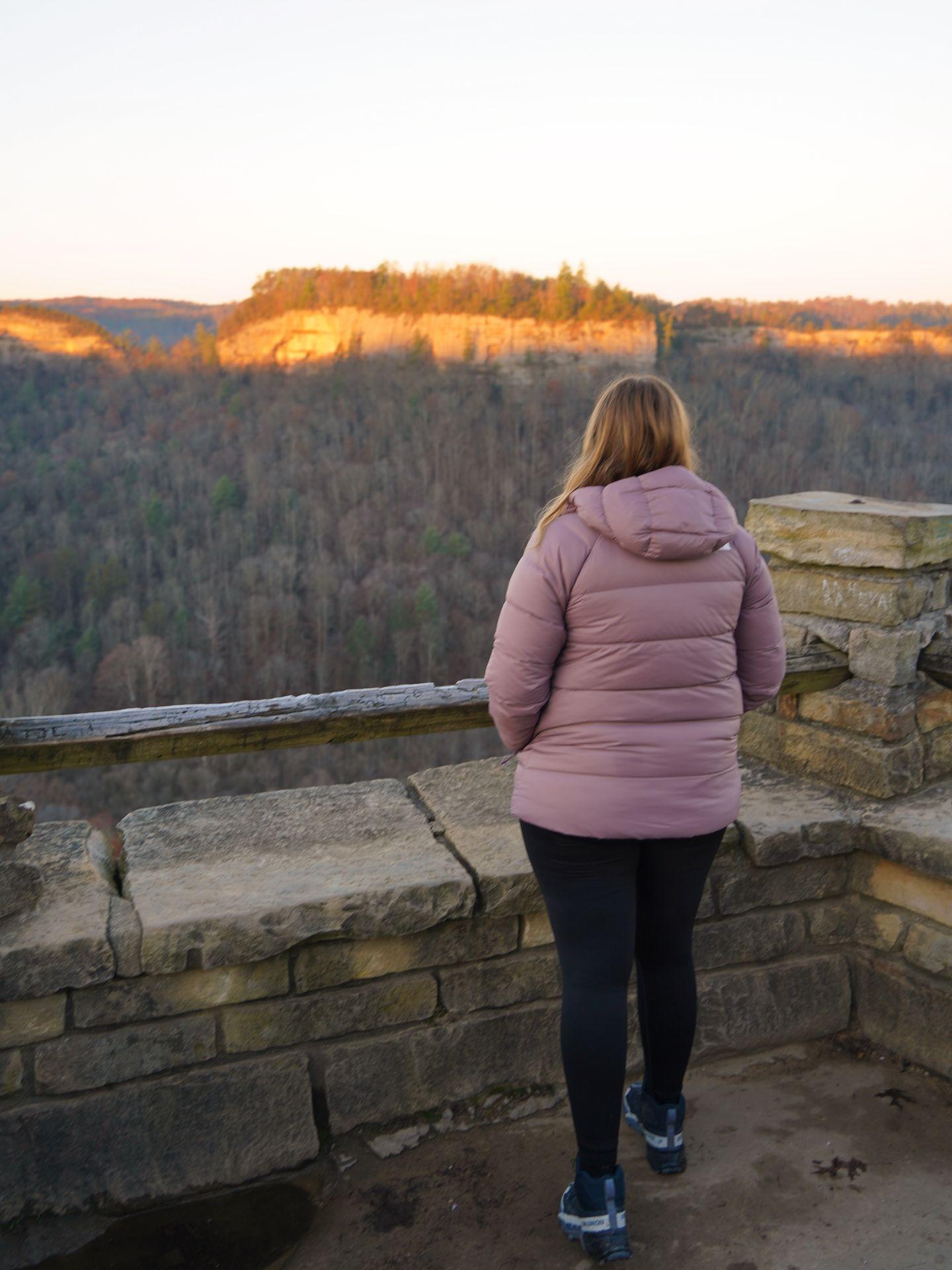Lydia standing at the railing and looking out at the Chimney Top viewpoint.