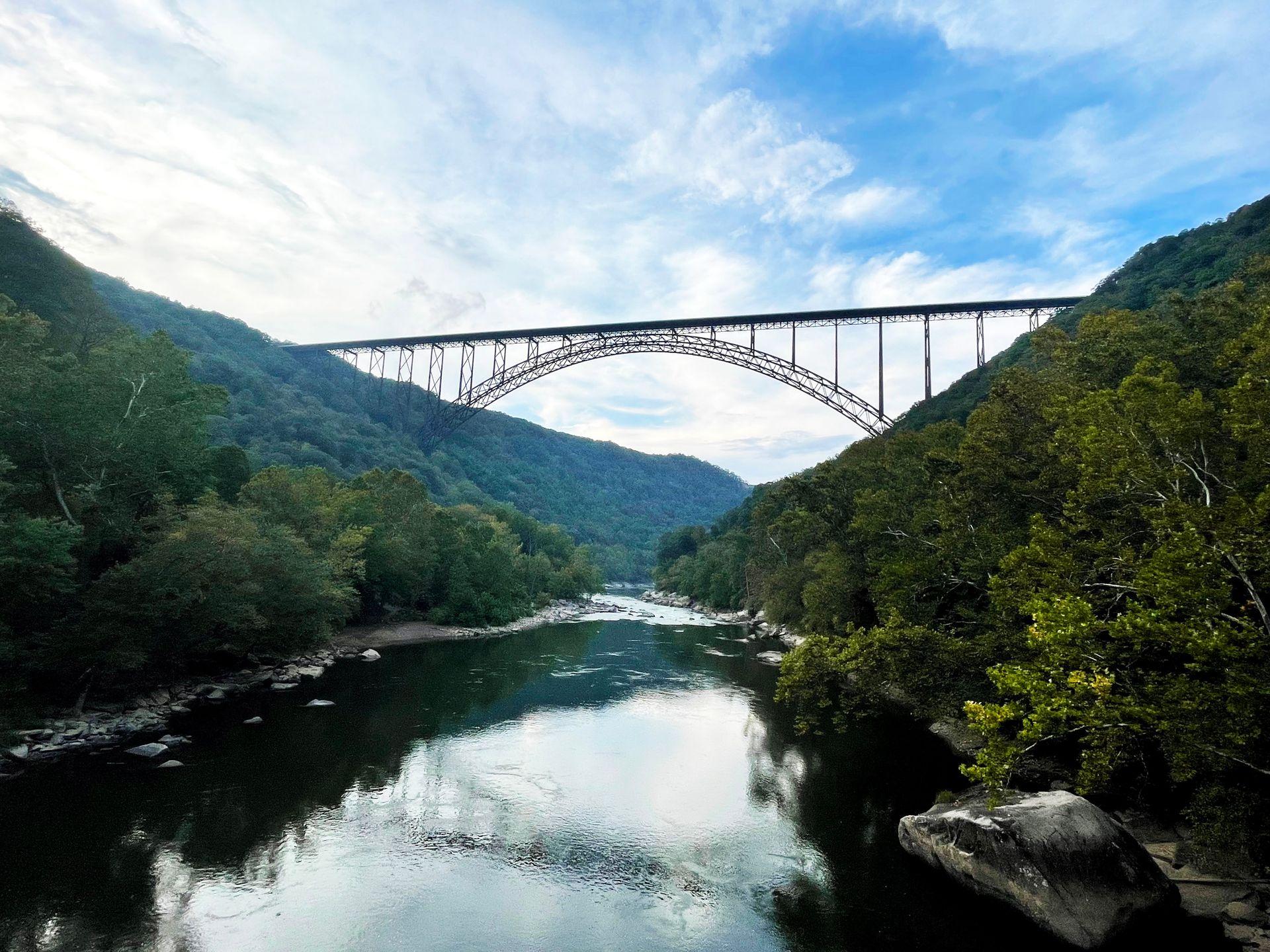 A view of the New River Gorge Bridge from below.