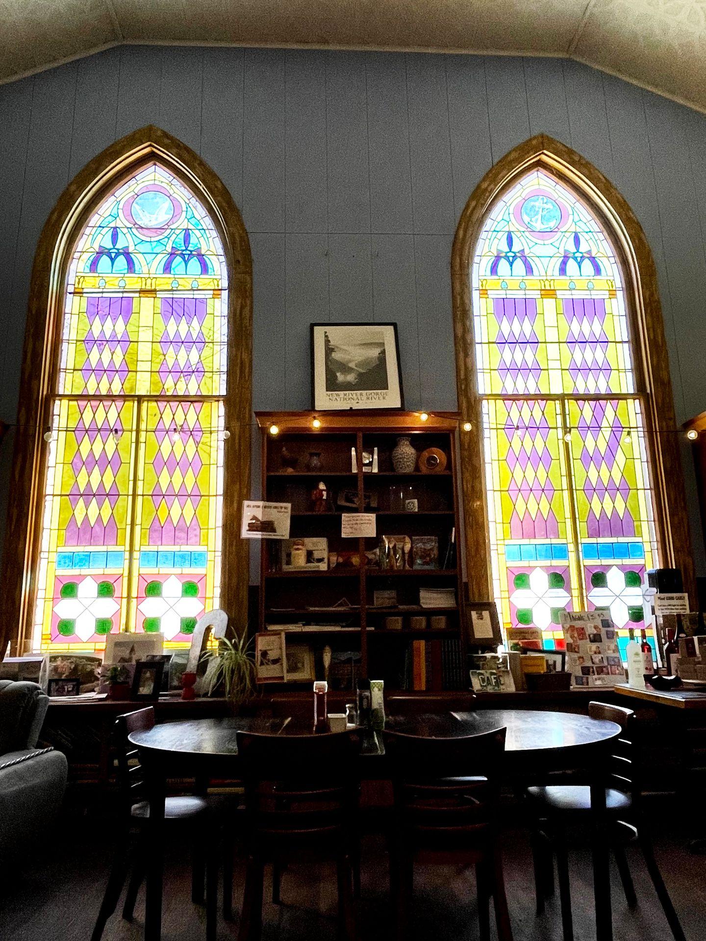 Stained glass windows inside the Cathedral Cafe.