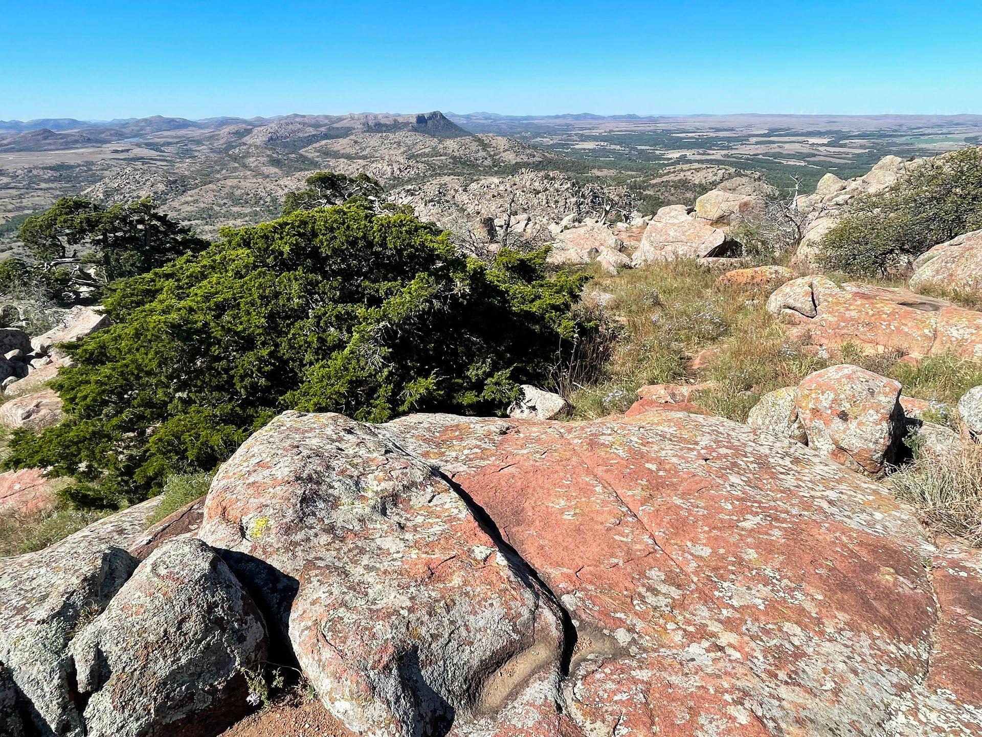An expansive view of rocks and greenery from Mount Scott.