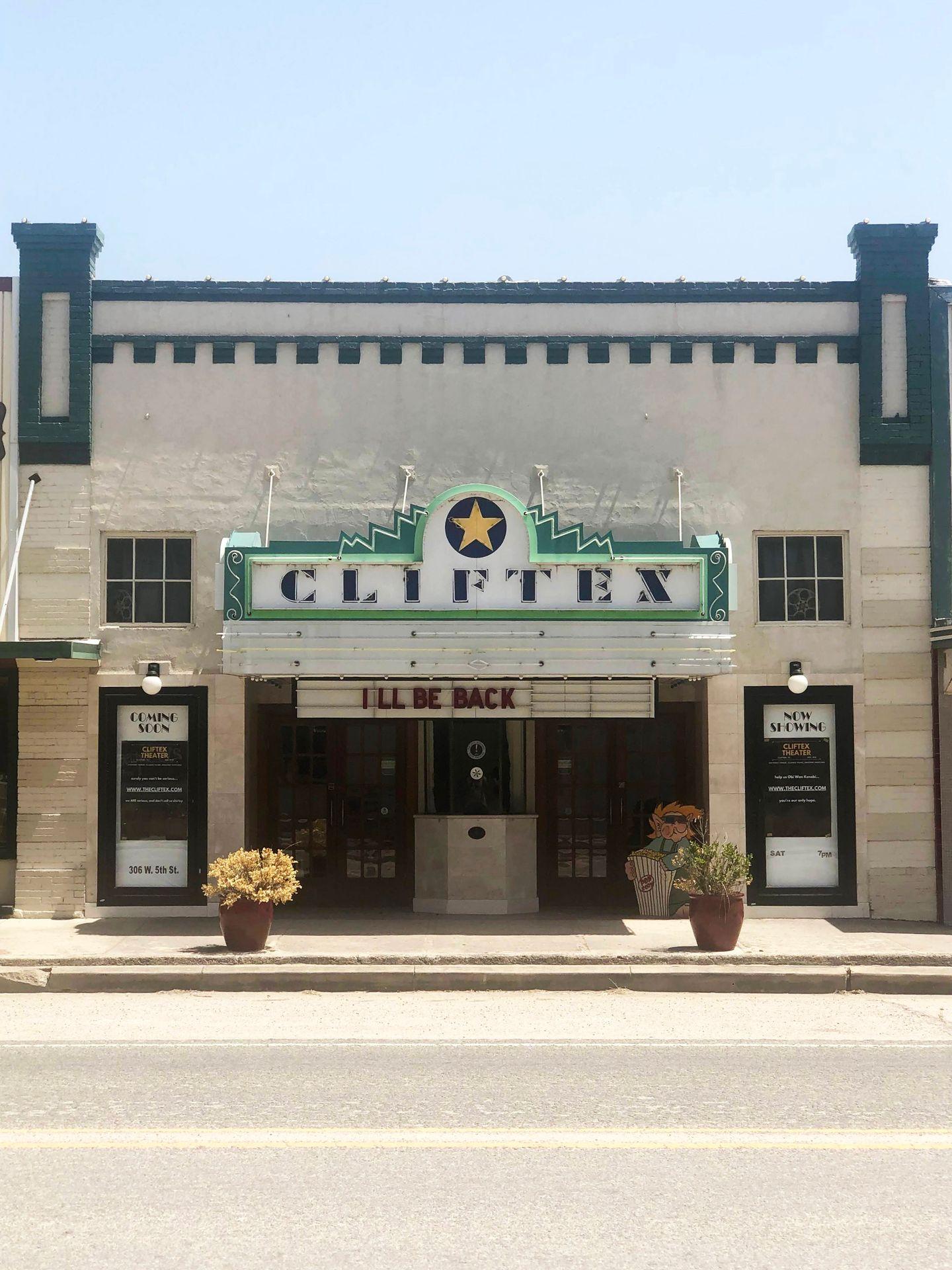 The Cliftex Theater, which has a vintage feel and green details.