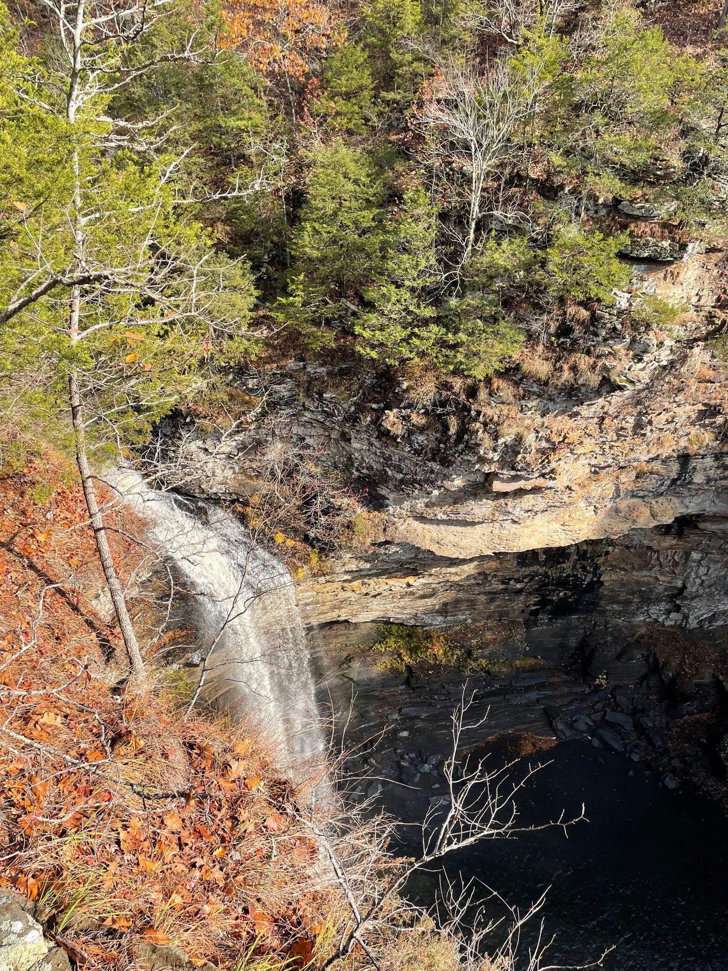 Looking down at the Cedar Falls waterfall. The view is partially obstructed by trees.