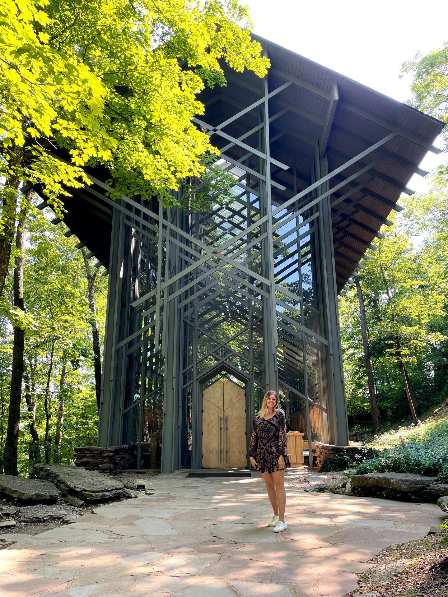 Lydia in front of the Thorncrown Chapel in Eureka Springs, Arkansas.