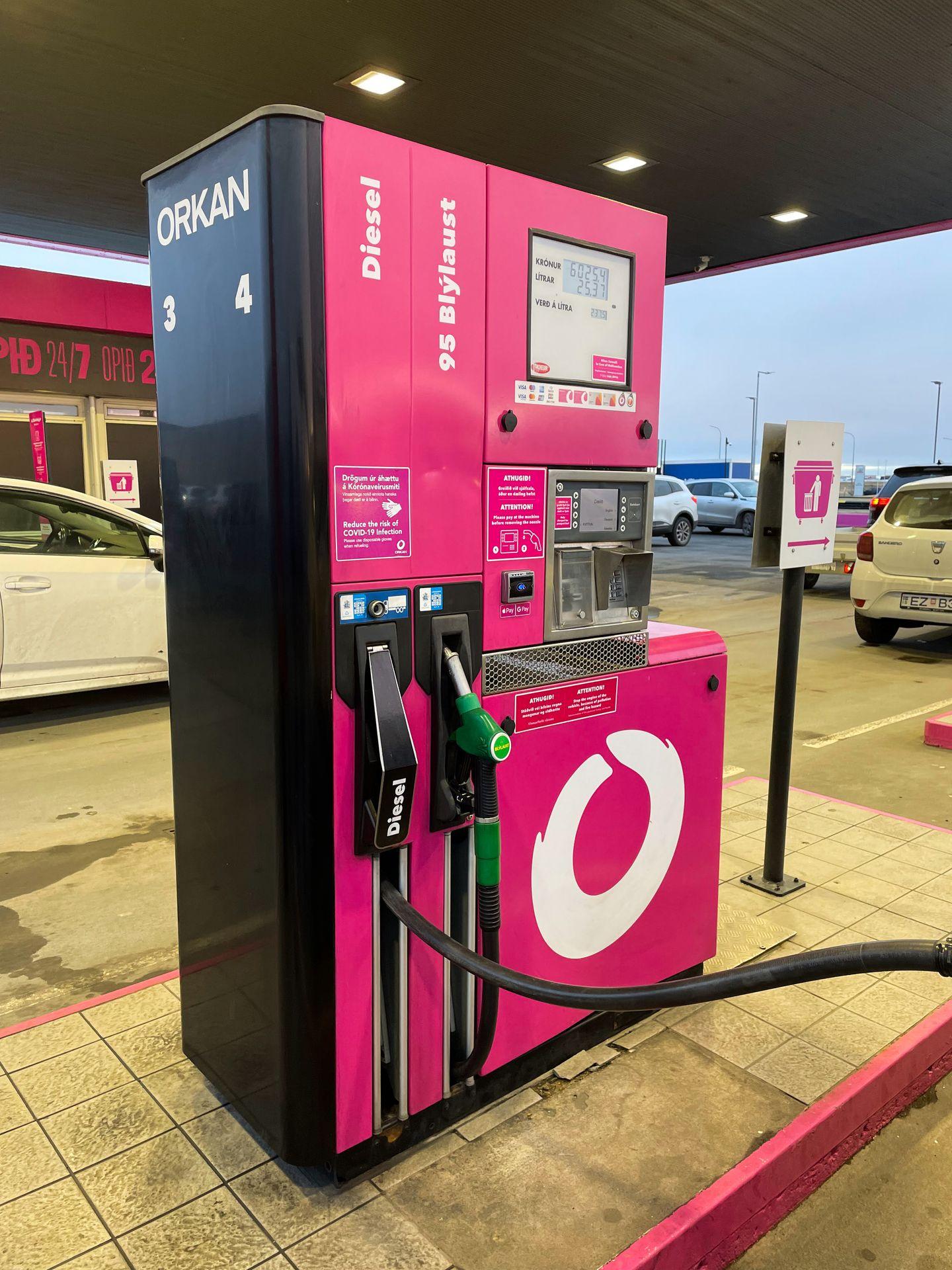 A pink gas pump in Iceland