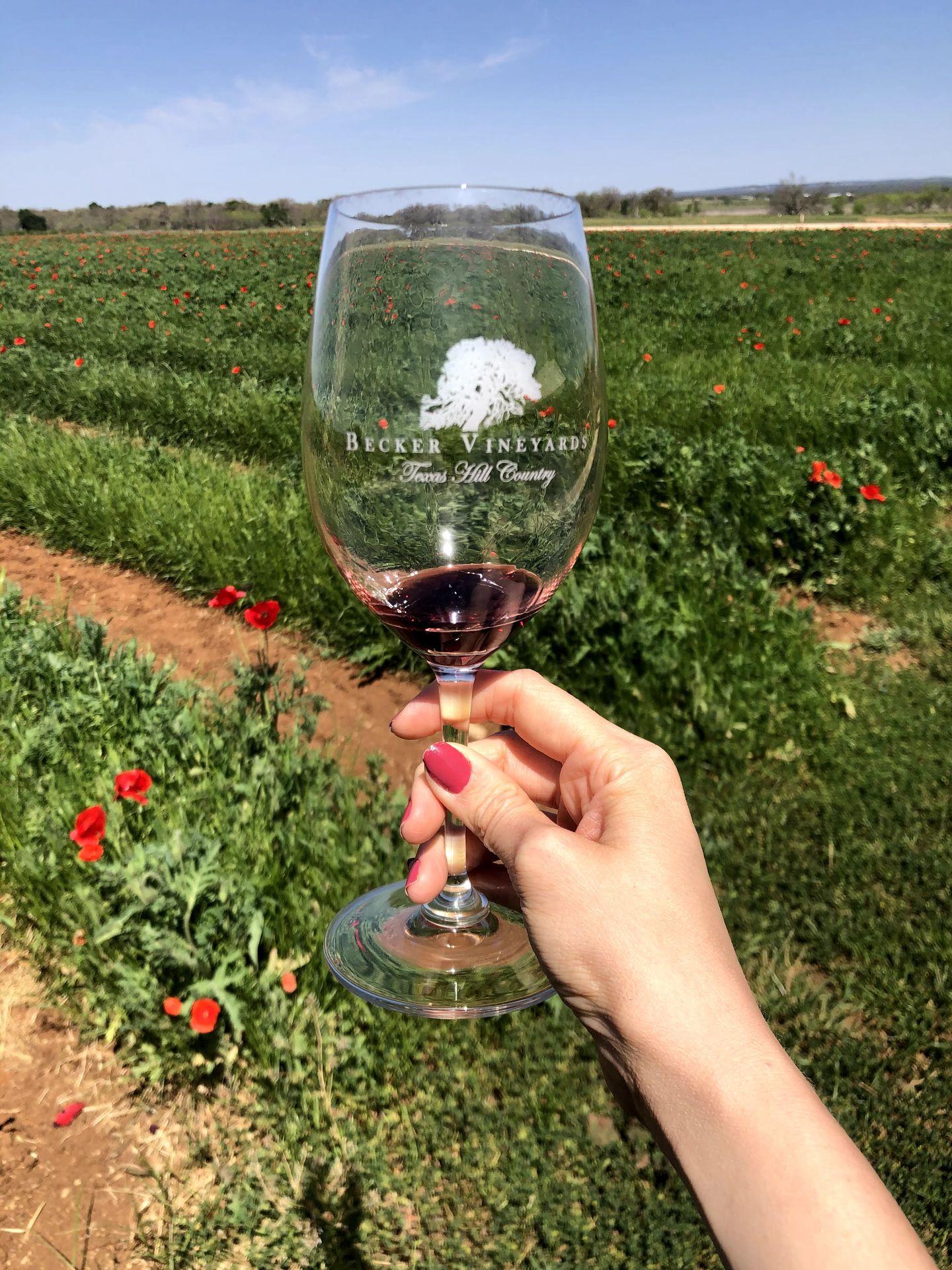 Holding up a red wine tasting in a wine glass labaled "Becker Vineyards" in front of a field of red poppies.