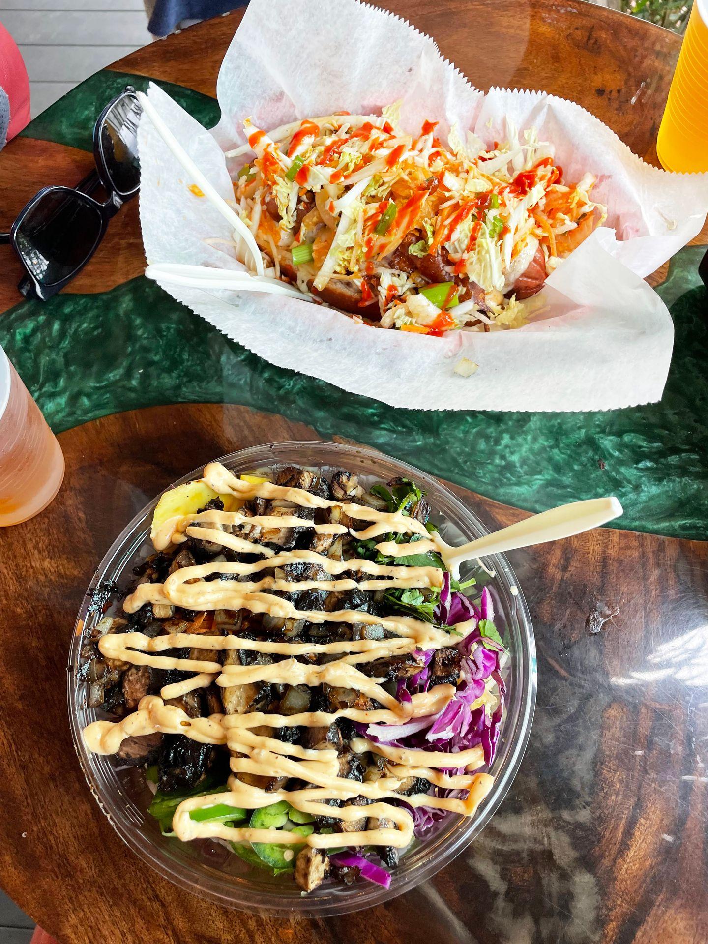 A hot dog and a poke bowl from Garbos