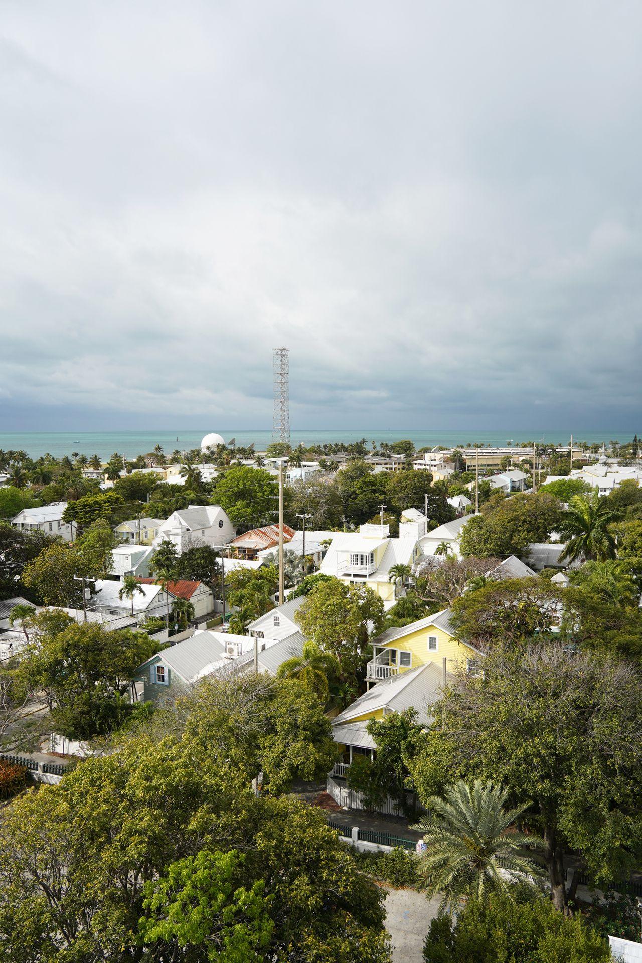 The view of Key West from the top of the lighthouse. There are white and yellow houses, trees and the ocean in the background