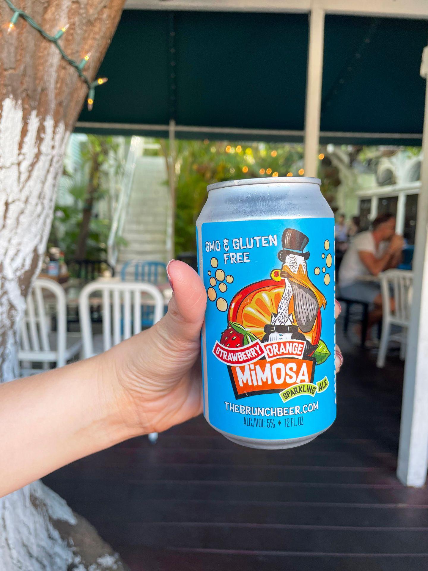 A blue can of Strawberry Orange Mimosa sparkling ale. The can is held up on the outdoor patio of Old Town Tavern