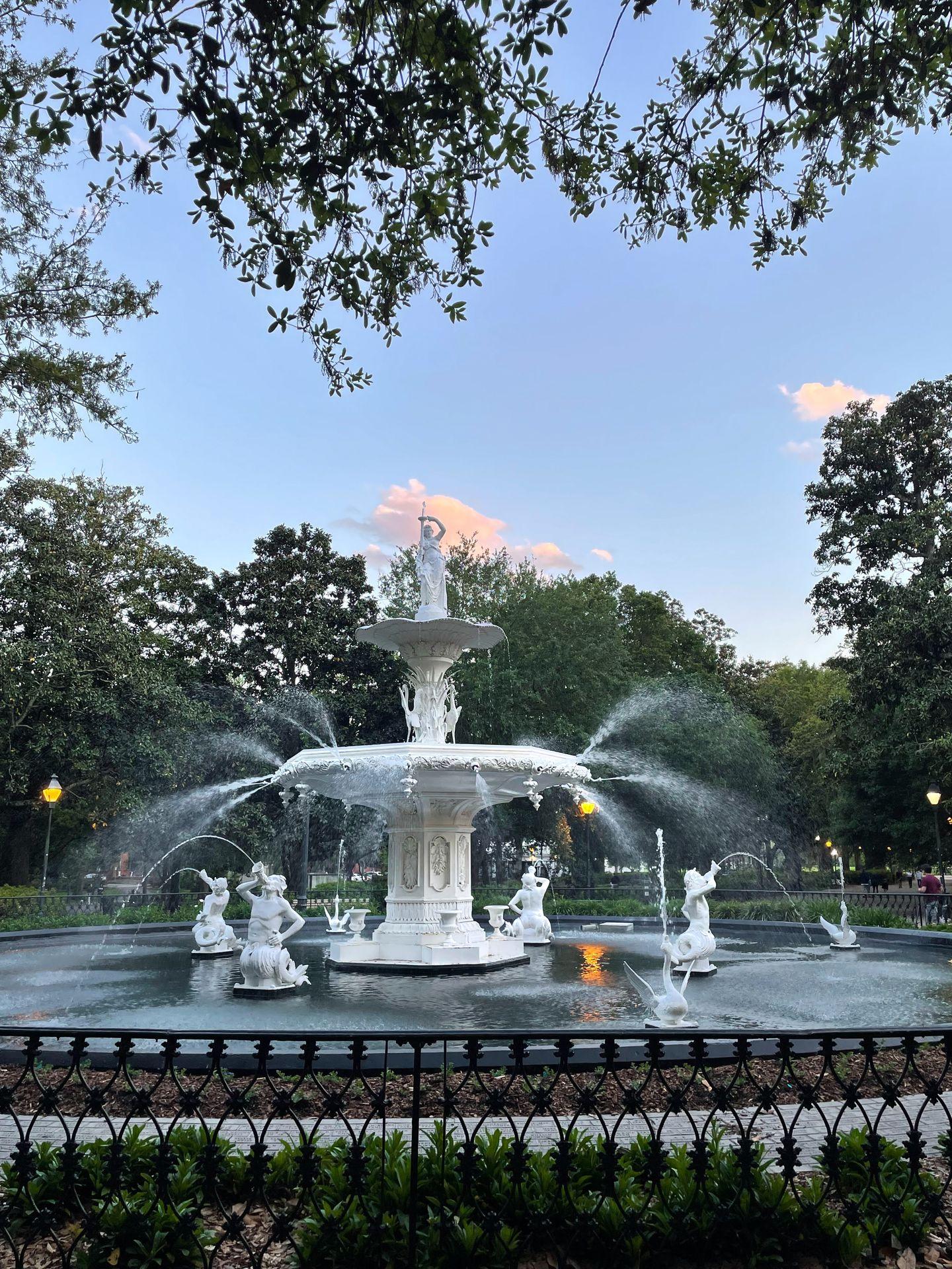A large white fountain in the Forsyth Park