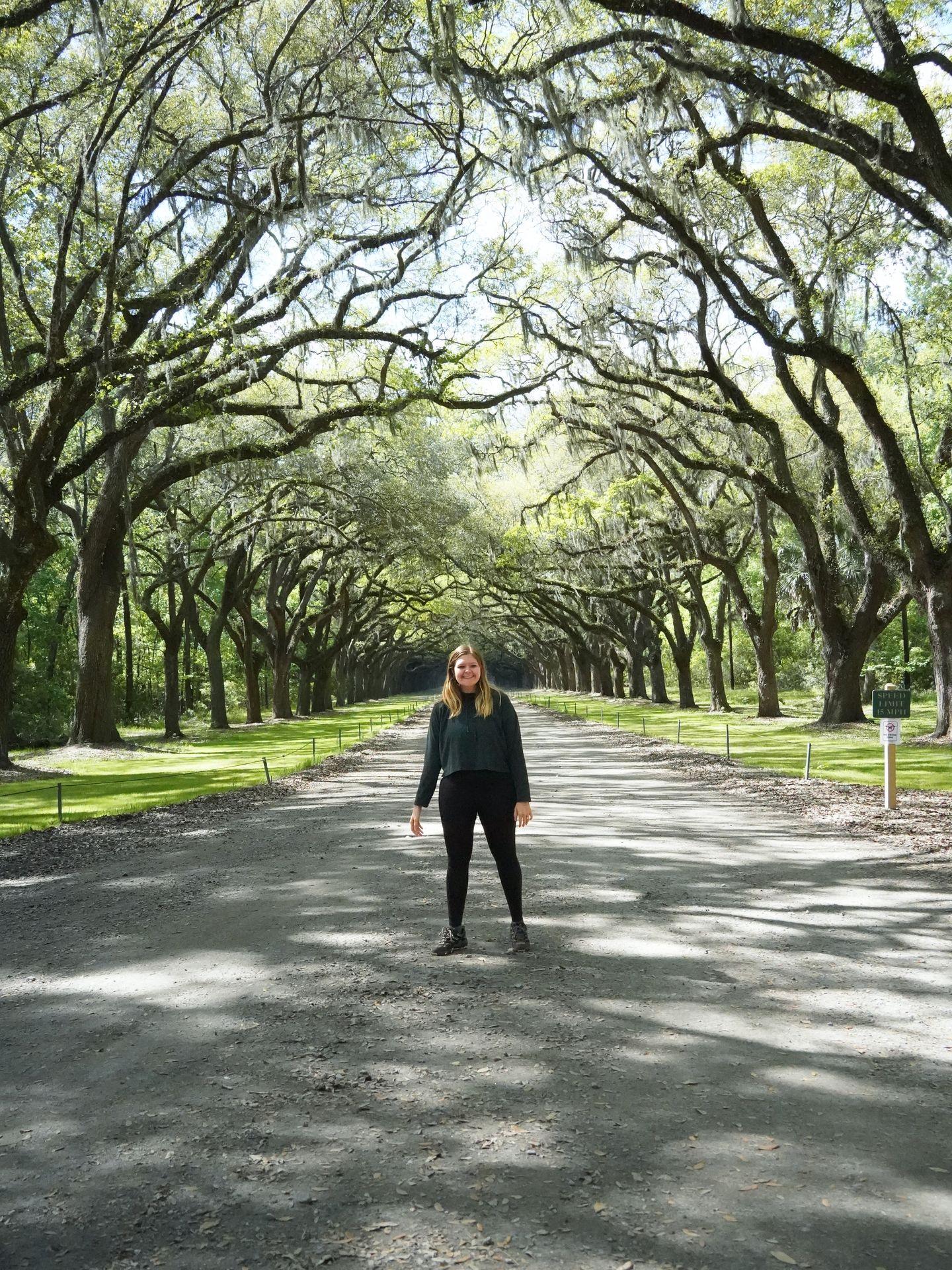 Lydia standing on the road with a huge tree tunnel at Wormsloe Historic Site