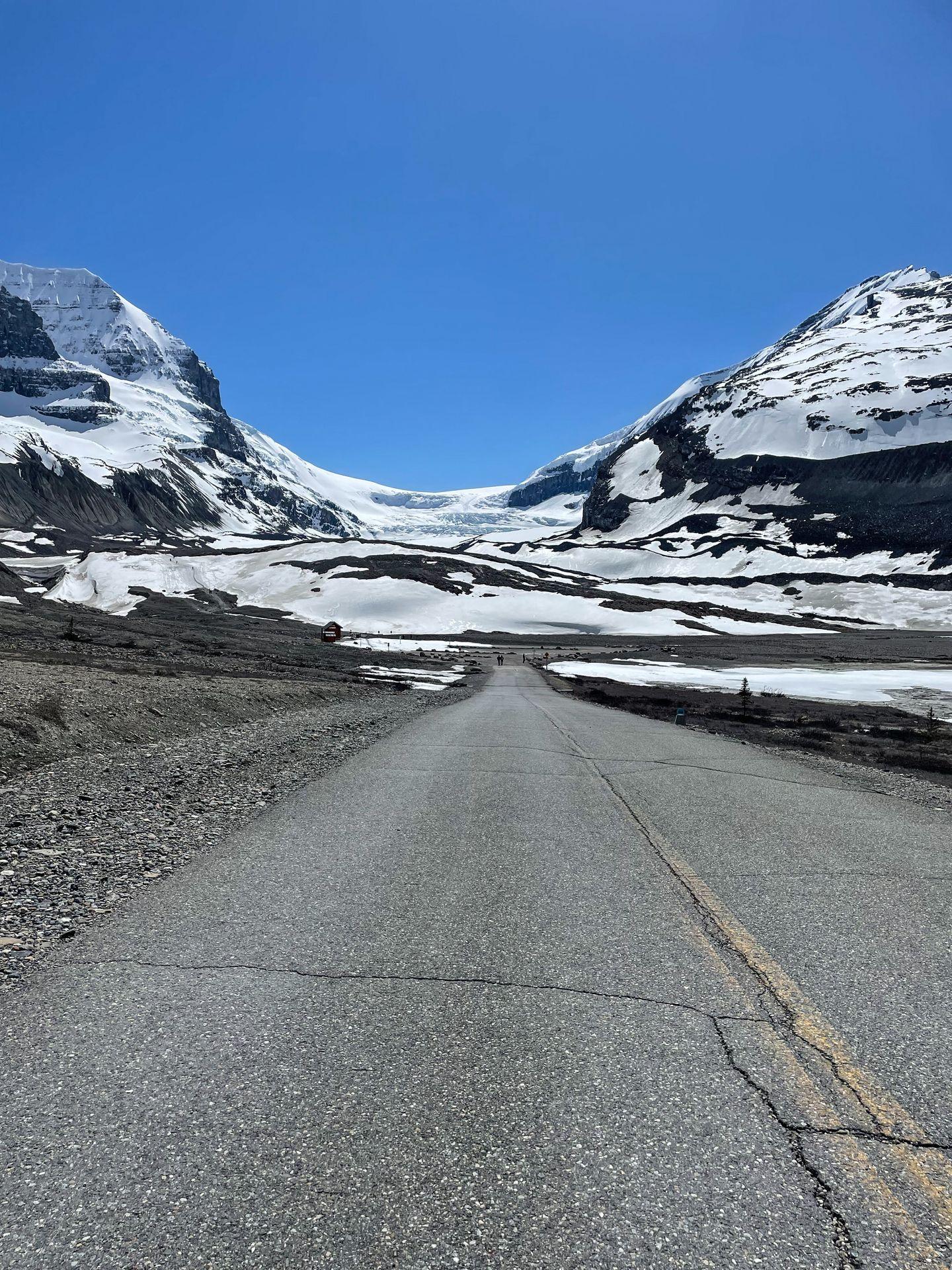 A paved path that leads to the Athabasca Glacier along the Icefields Parkway.