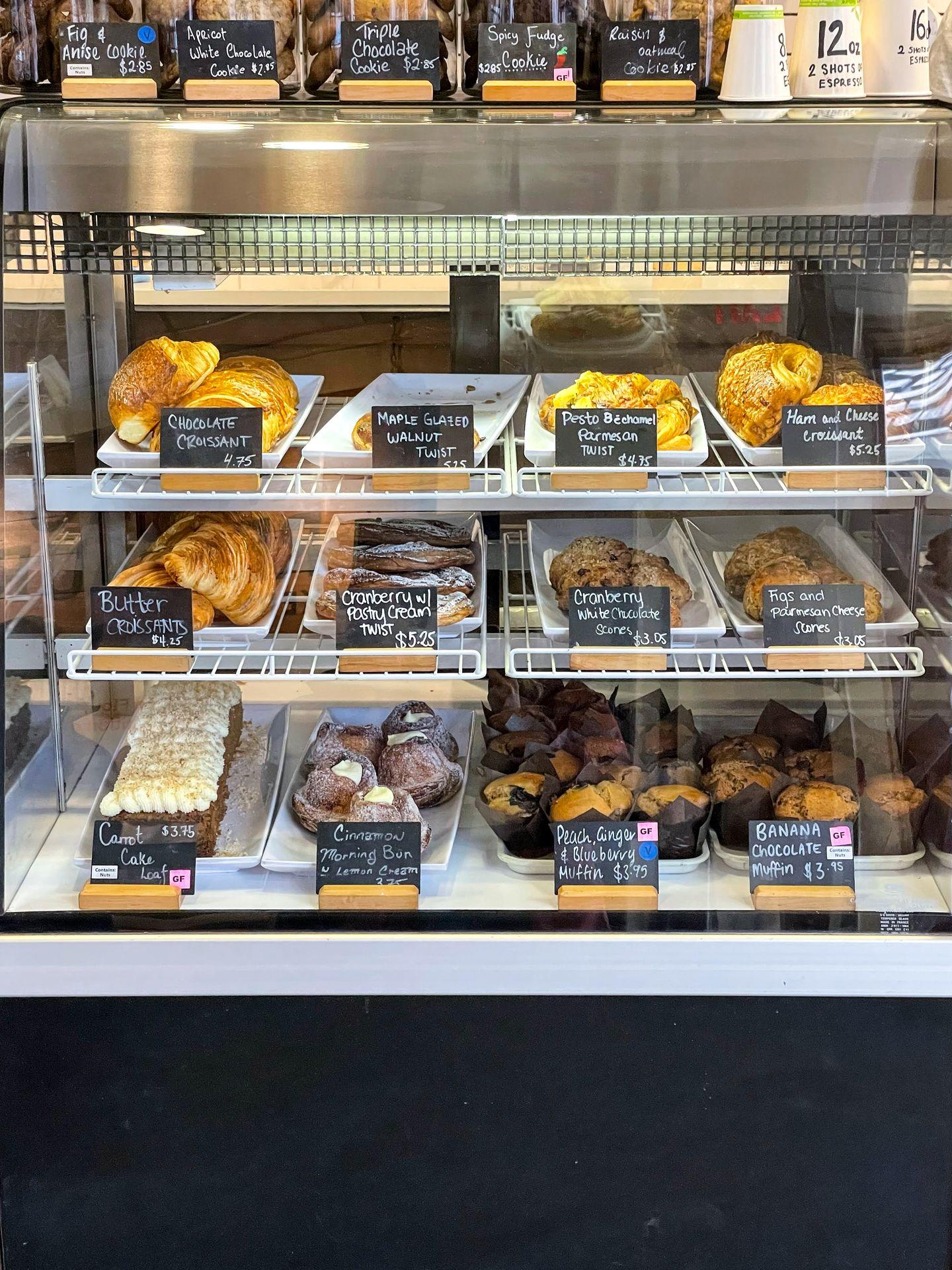 A case with pastries and breads at Wild Flour Bakery.