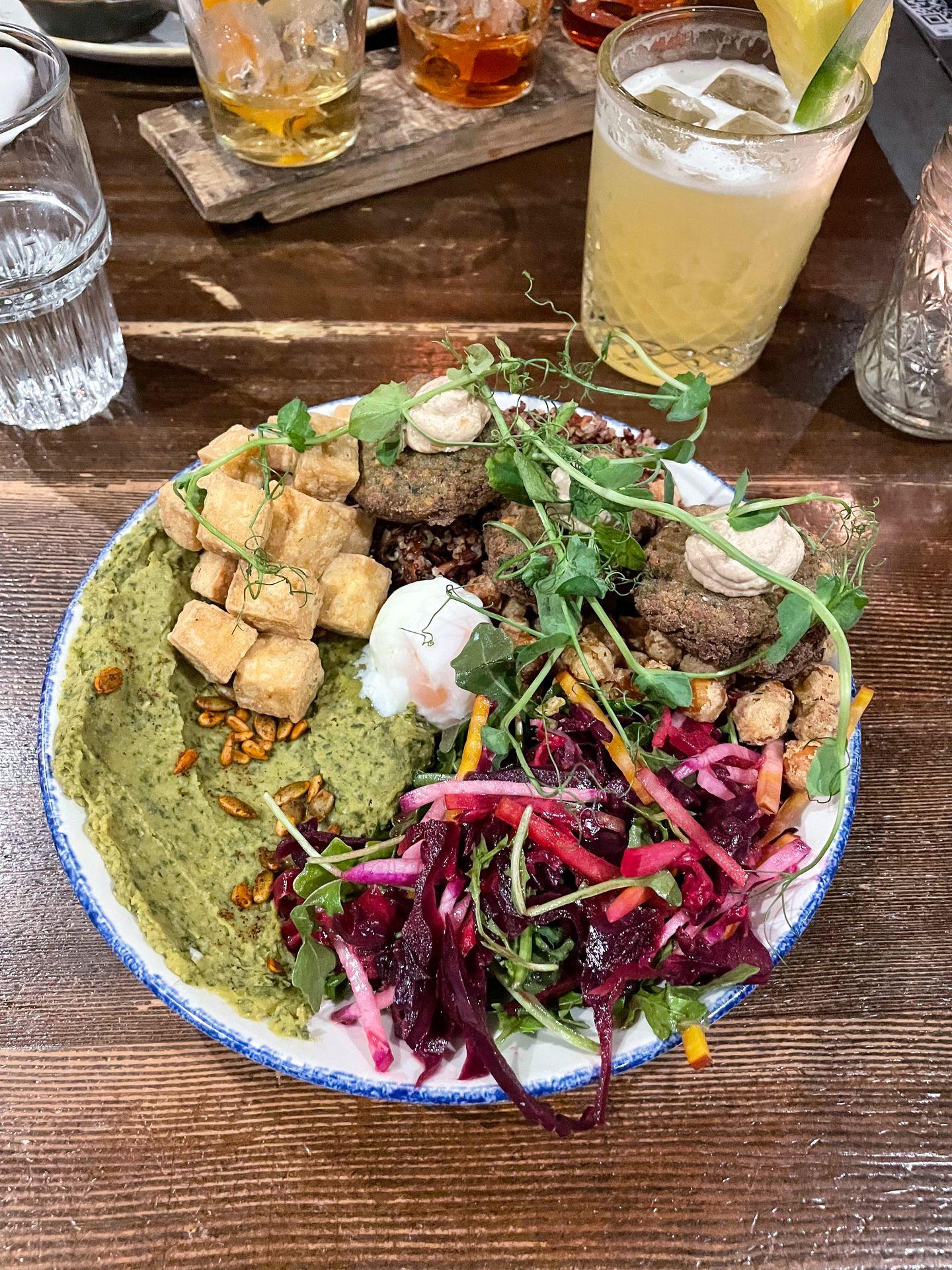 A plate of tofu, greens, veggies and more from Park Distillery in Banff.