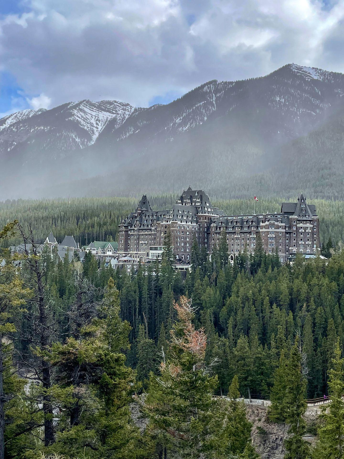 The view of the Fairmont Banff Springs from Surprise Corner in Banff.
