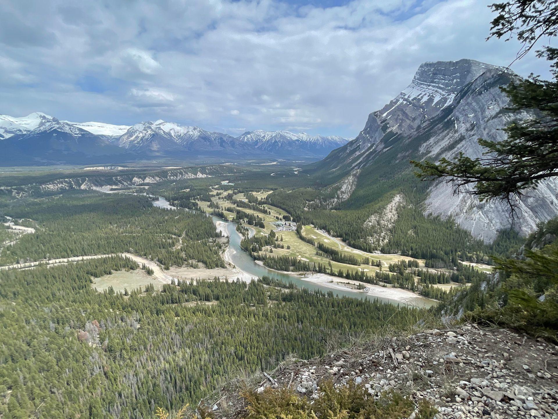The view from Tunnel Mountain. There is a valley full of trees and a river, plus a mountain on the right side of the frame.