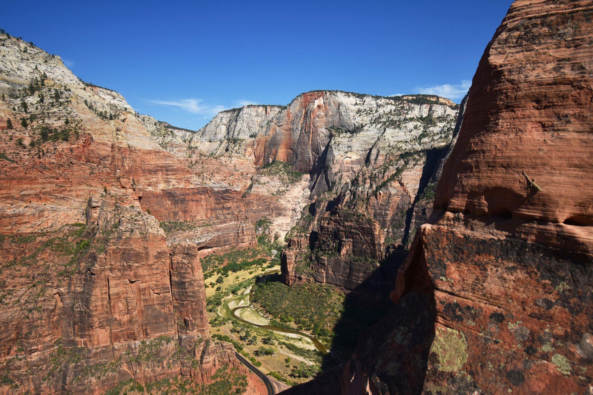 A view of a giant, orange canyon from the Angel's Landing trail in Zion National Park.