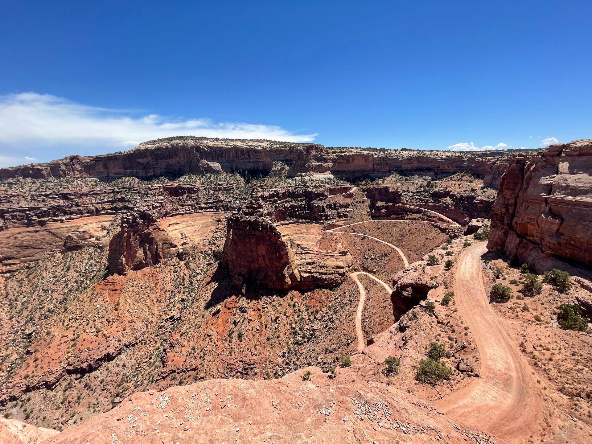 Looking down at the view of Shafer Trail, a series of tight switchbacks leading to the floor of the canyon in Canyonlands National Park
