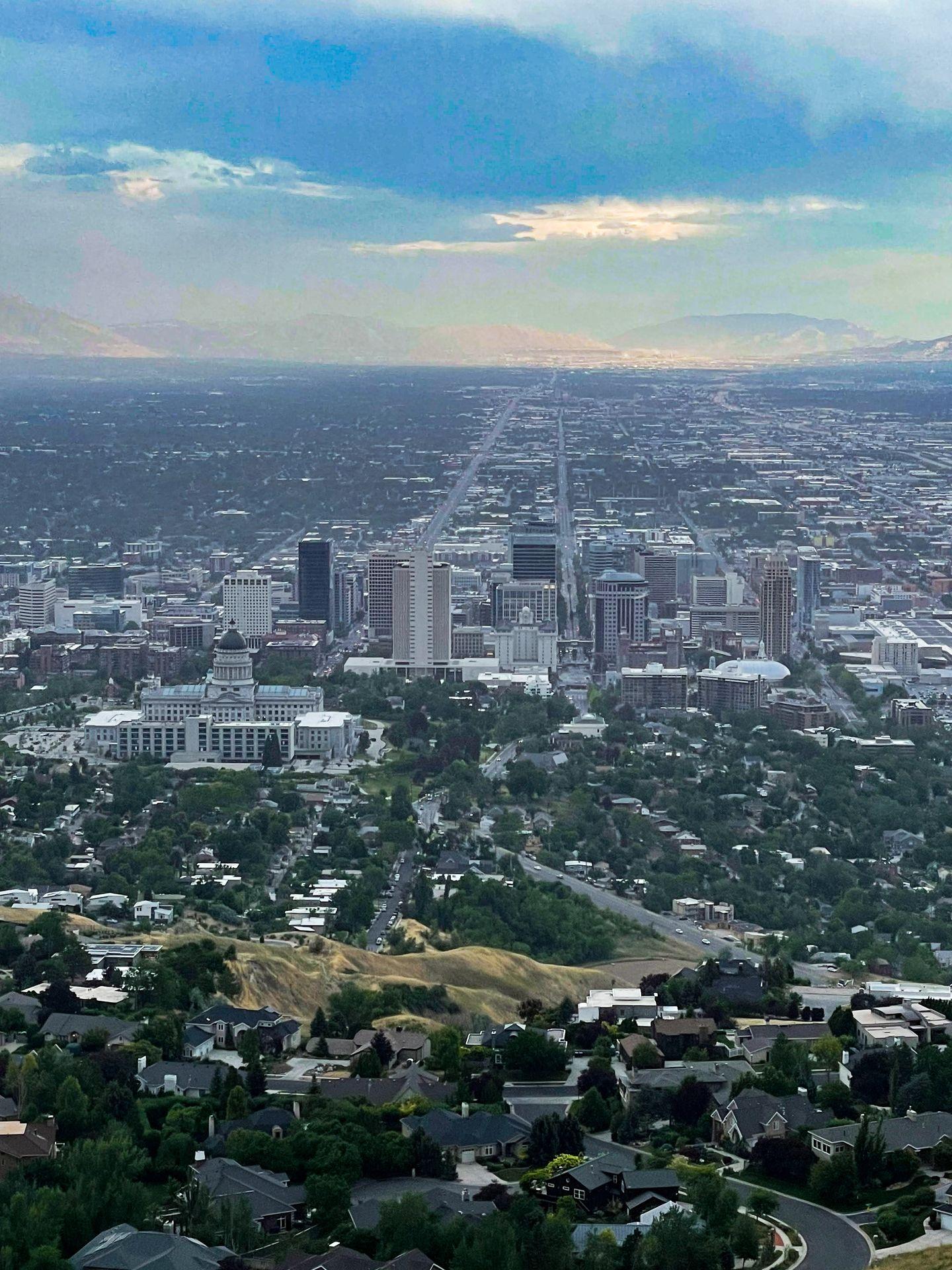 A view of downtown Salt Lake City in the distance, seen from Ensign Peak.