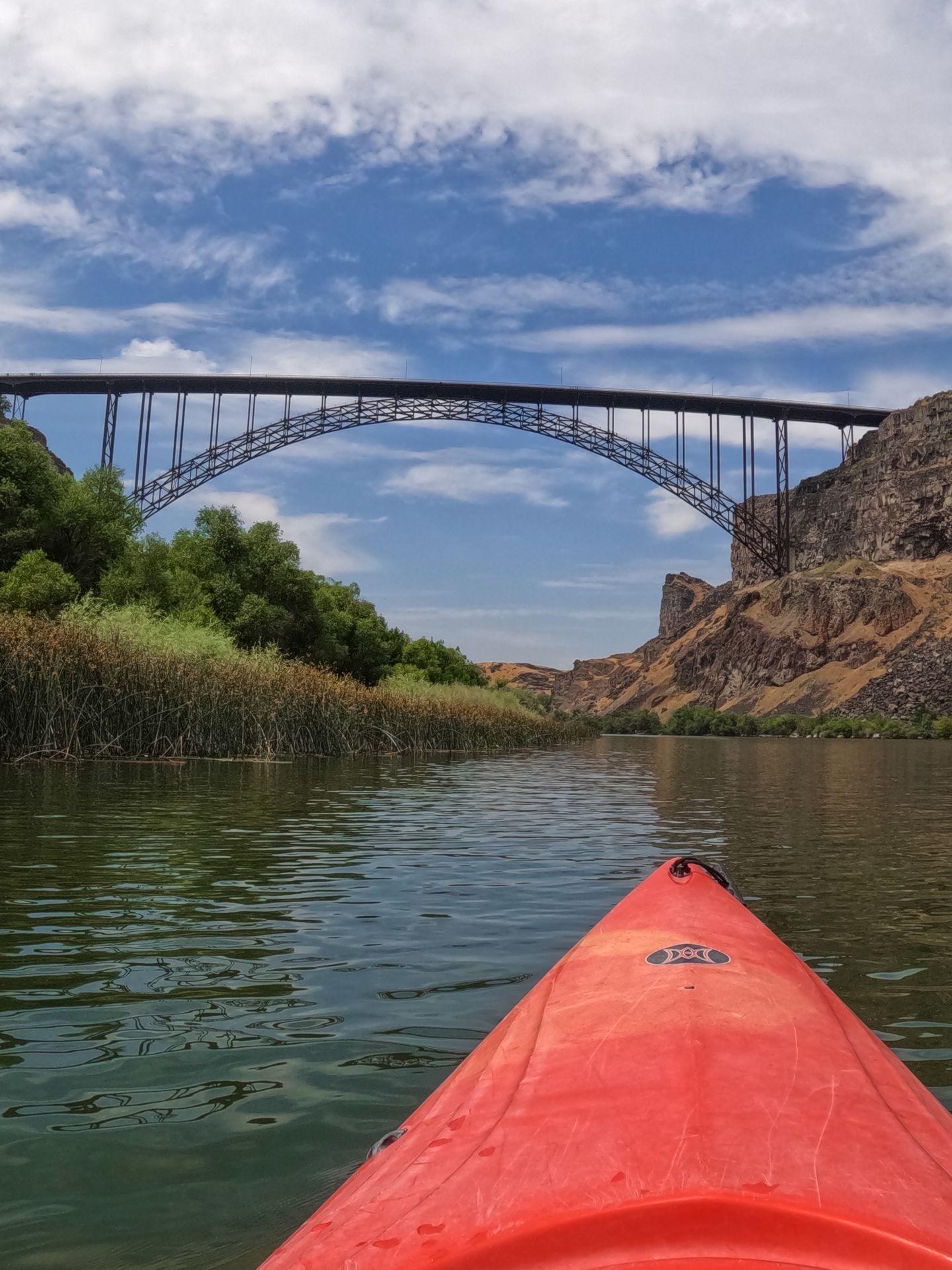 Kayaking towards the Perrine Memorial Bridge on the Snake River.