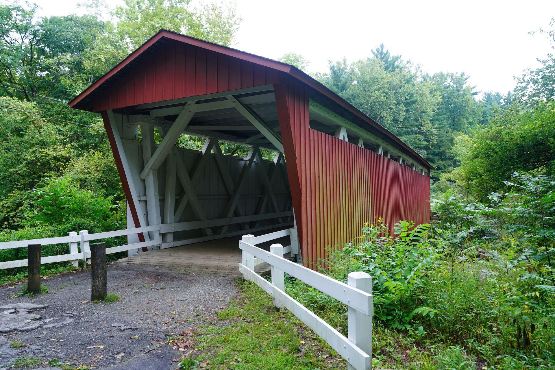 A red covered bridge in Cuyahoga Valley.