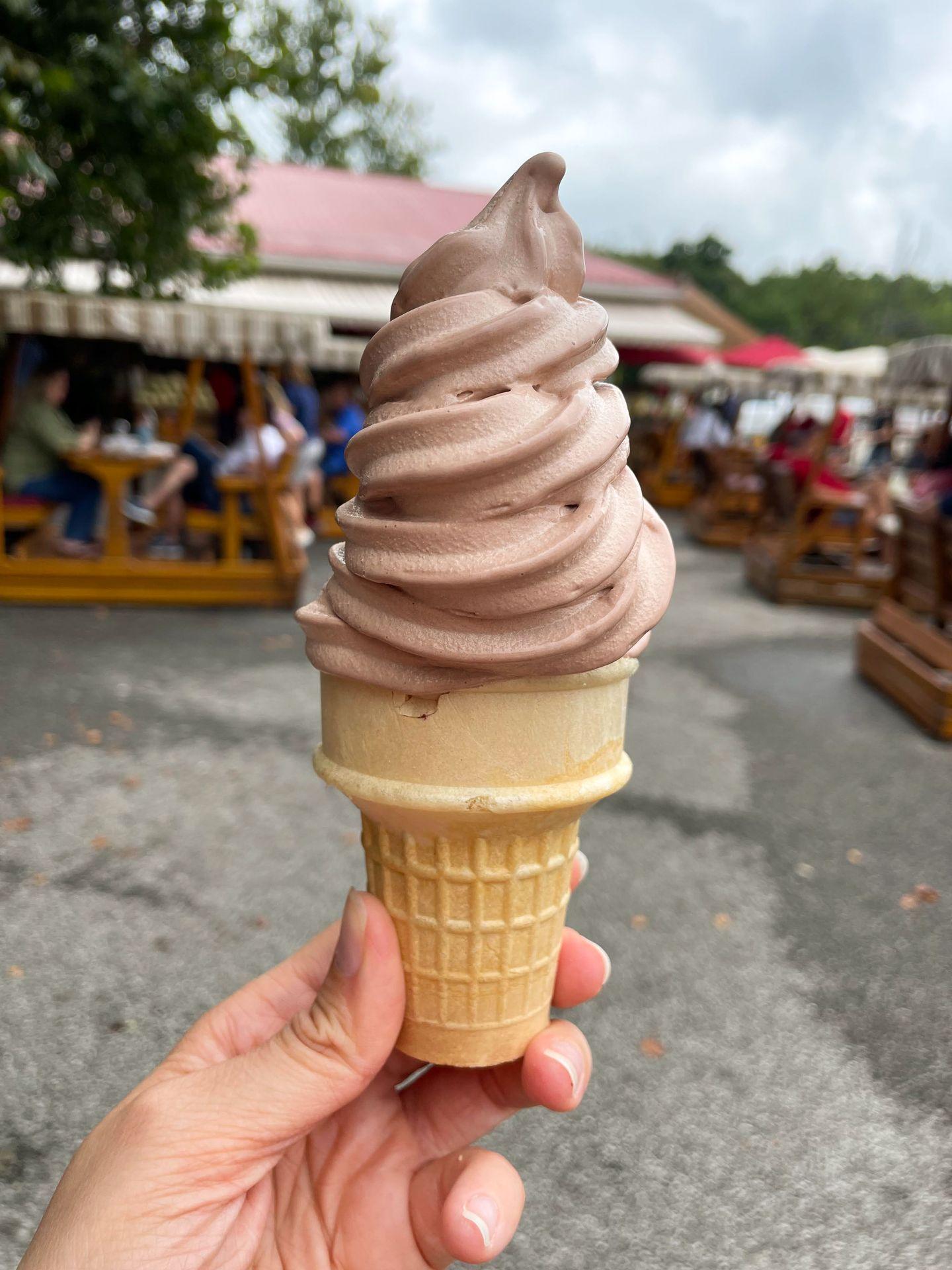An ice cream cone with chocolate soft serve from Szalay's Farm & Market.