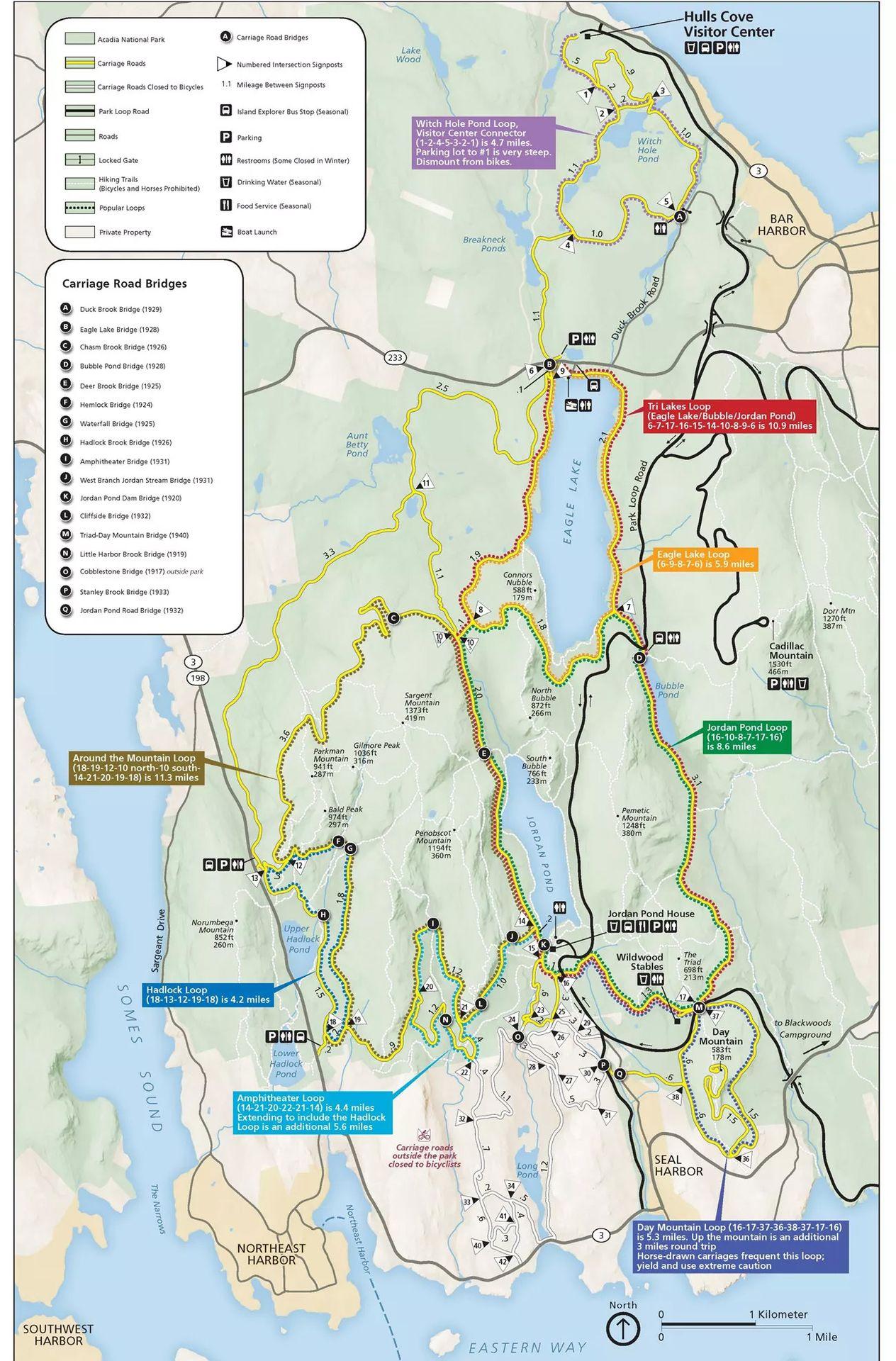 A map of the Carriage Roads that labeled trail in a different color.