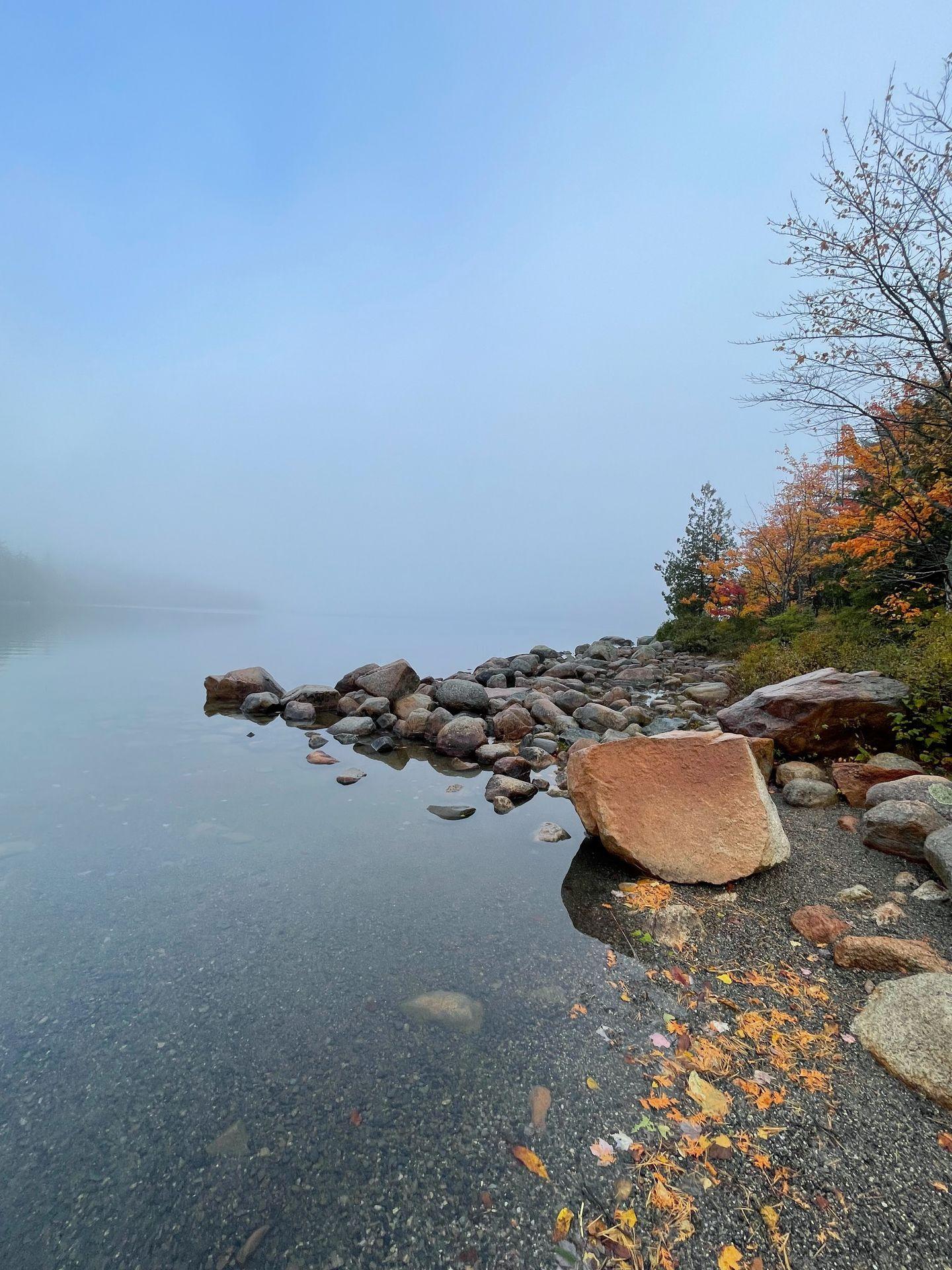 A view of Jordan Pond on a foggy day