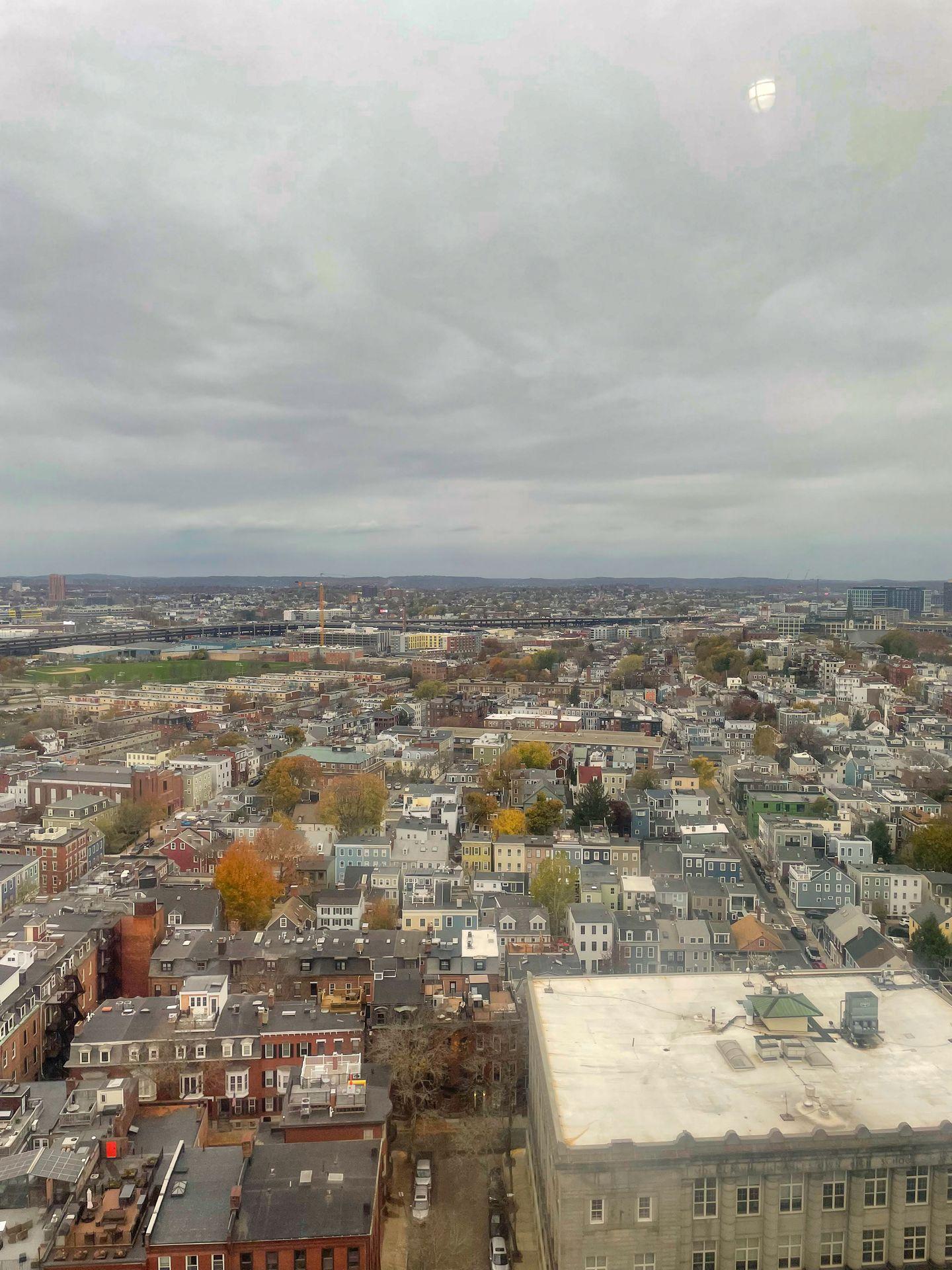 An expansive view of homes from the top of Bunker Hill Monument.