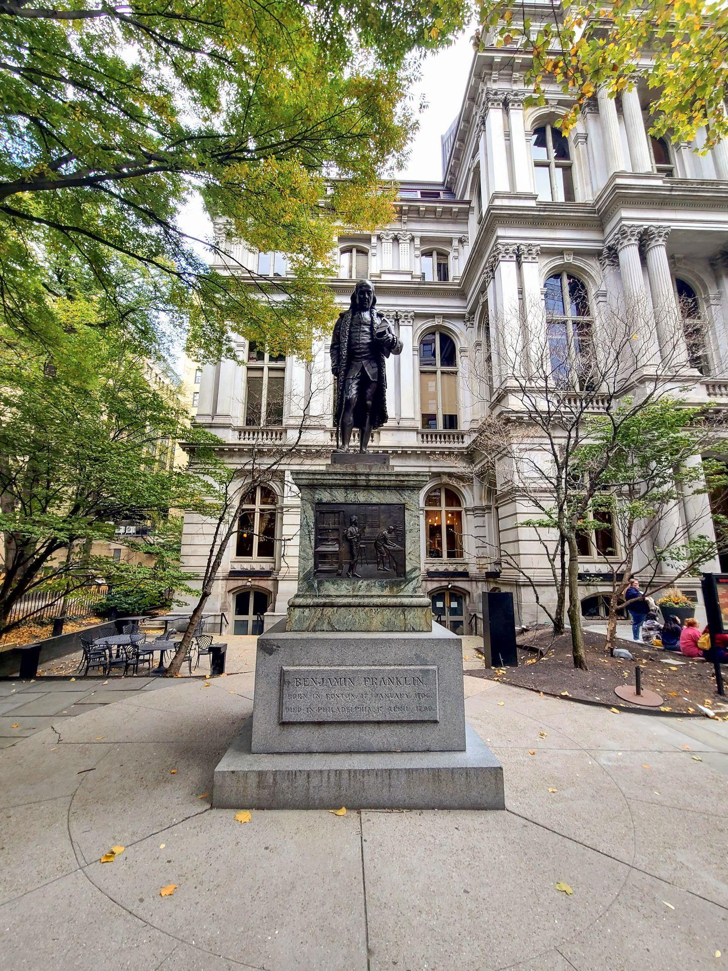 A statue of Benjamin Franklin at the Latin School Site along the Boston Freedom Trail
