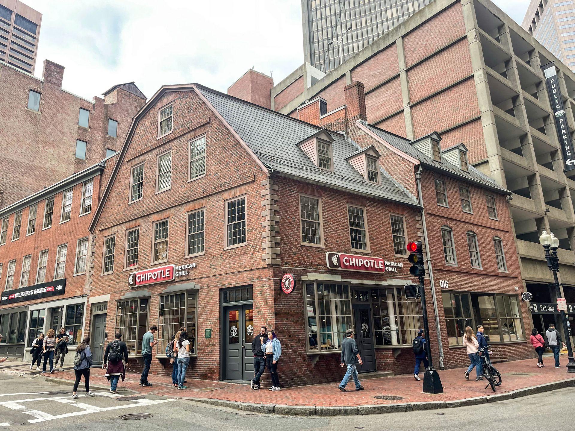 The historic Old Corner Bookstore on the Boston Freedom Trail. The building is now a Chipotle.