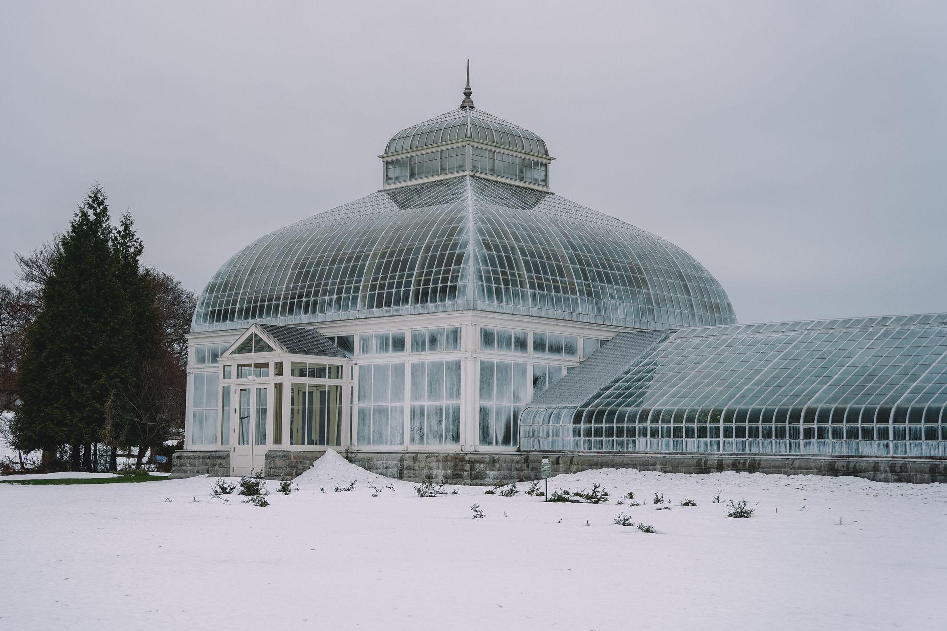 A glass greenhouse with snow on the ground outside.