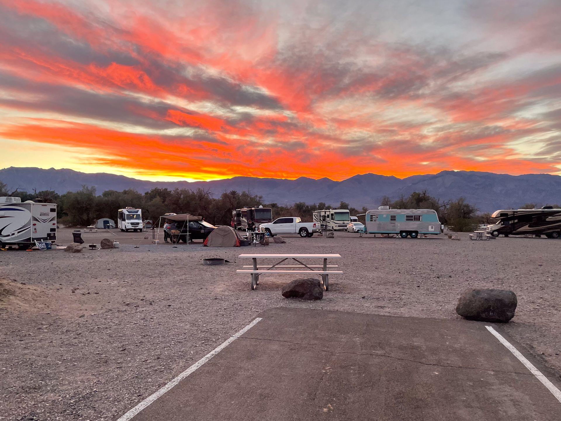 A vibrant sunset seem from the Furnace Creek Campground in Death Valley