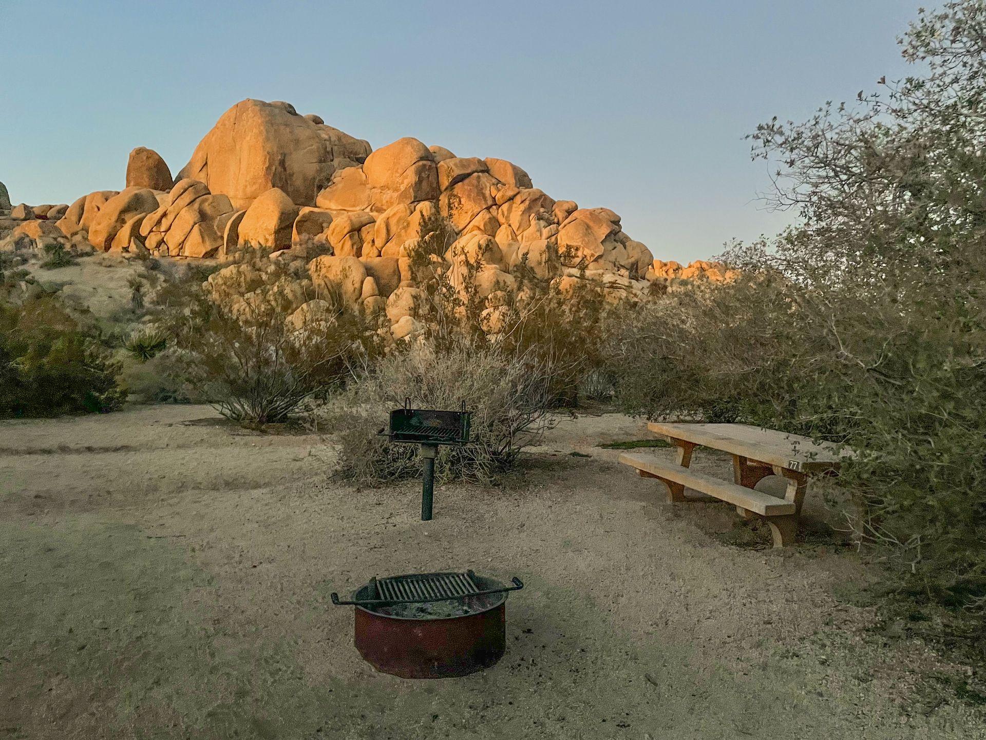 A campsite with a picnic table, fire pit and grill. Not far behind the campsite is a giant piles of boulders.