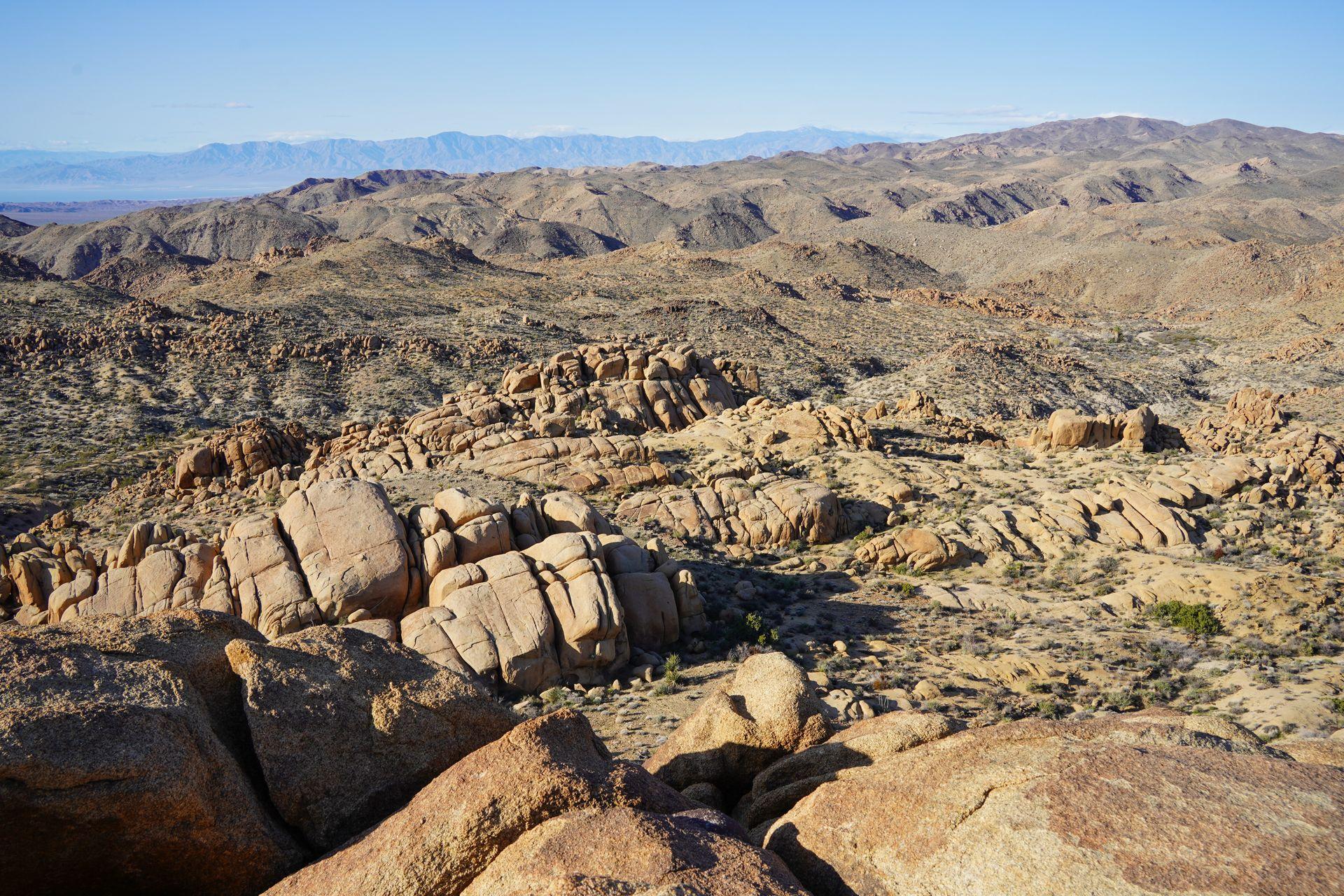 An expansive view of desert rocks seen from Mastodon Peak