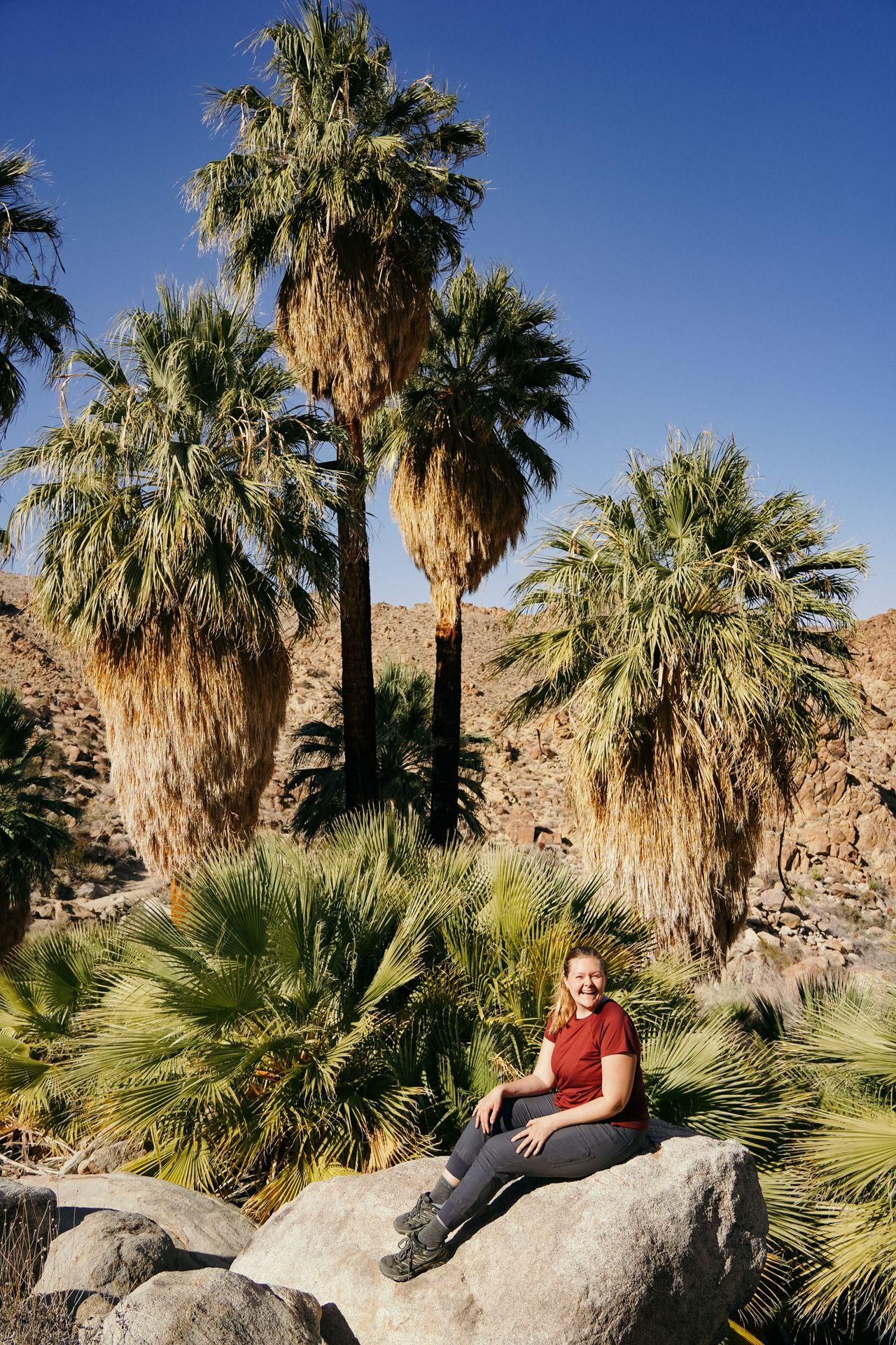 Lydia sitting on a boulder with several palm trees in the background.