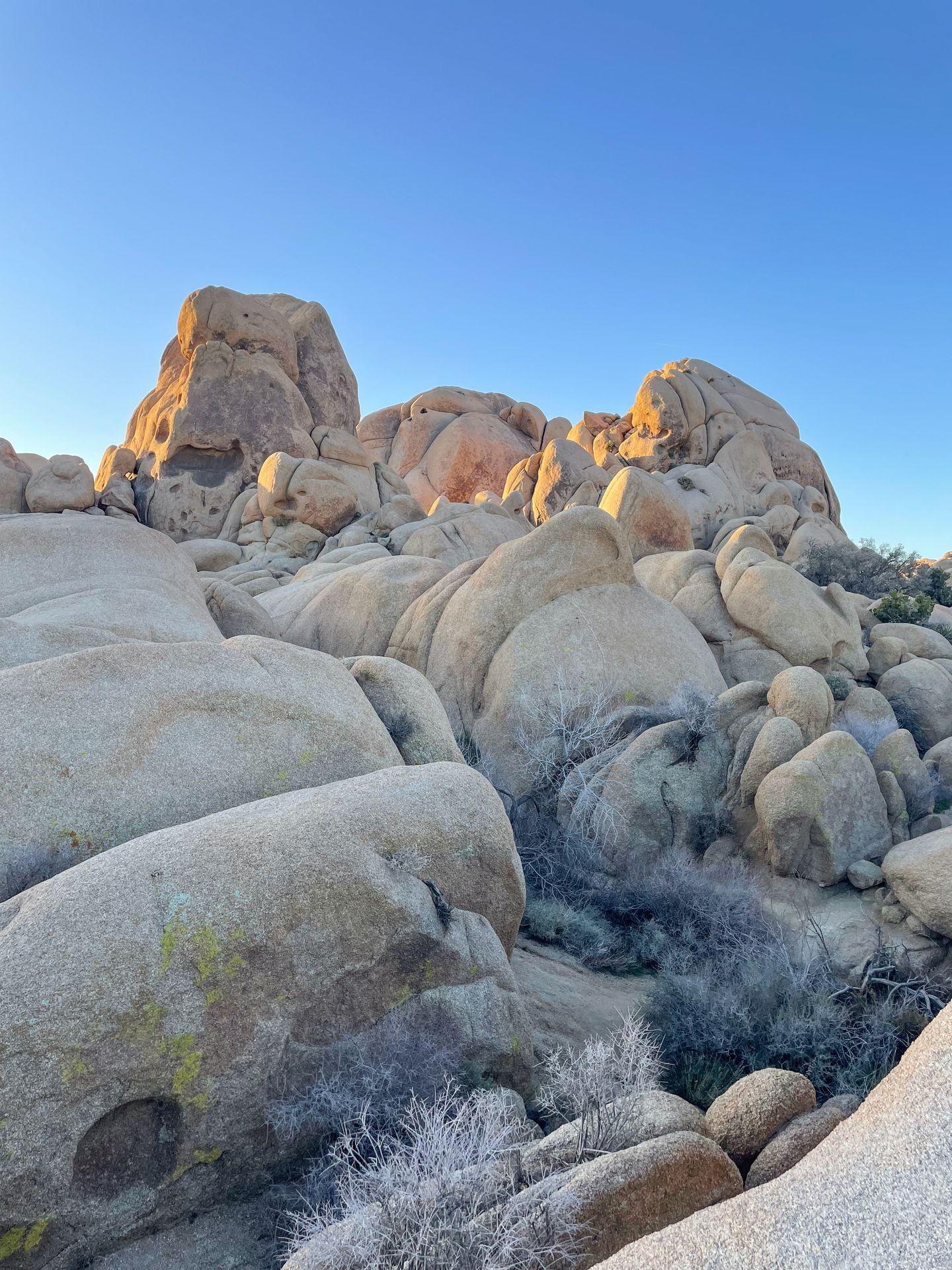 A pile of tan boulders that glow orange at the top during the sunrise.