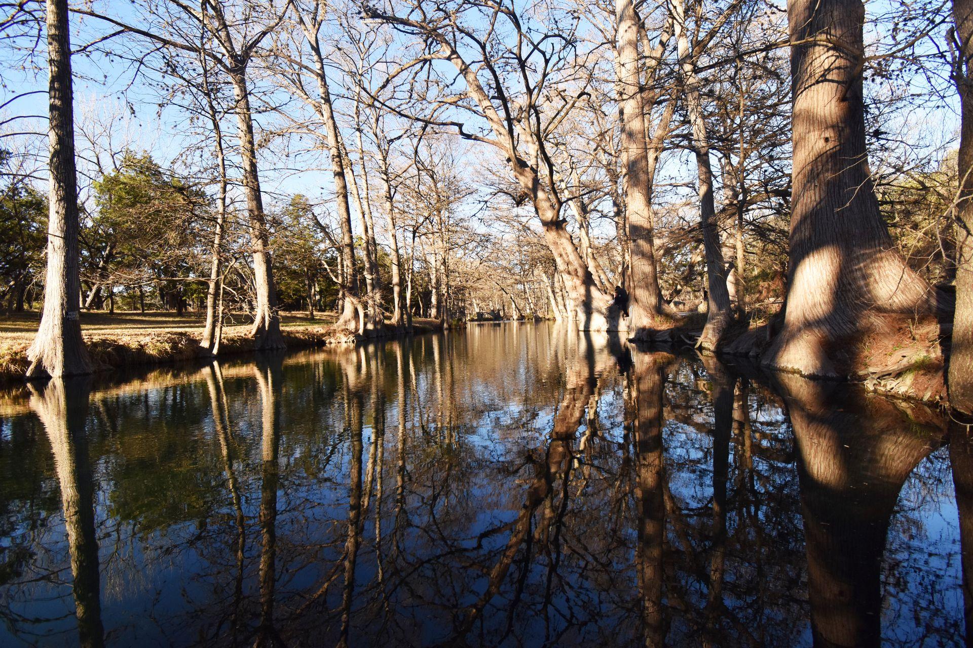 A blue river with a reflection of tall cypress trees framing each side of the water.