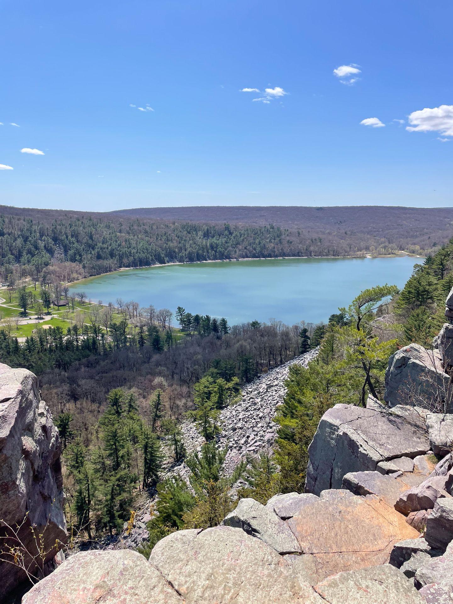 A view looking down at Devil's Lake from the East Bluff Trail in Devil's Lake State Park.