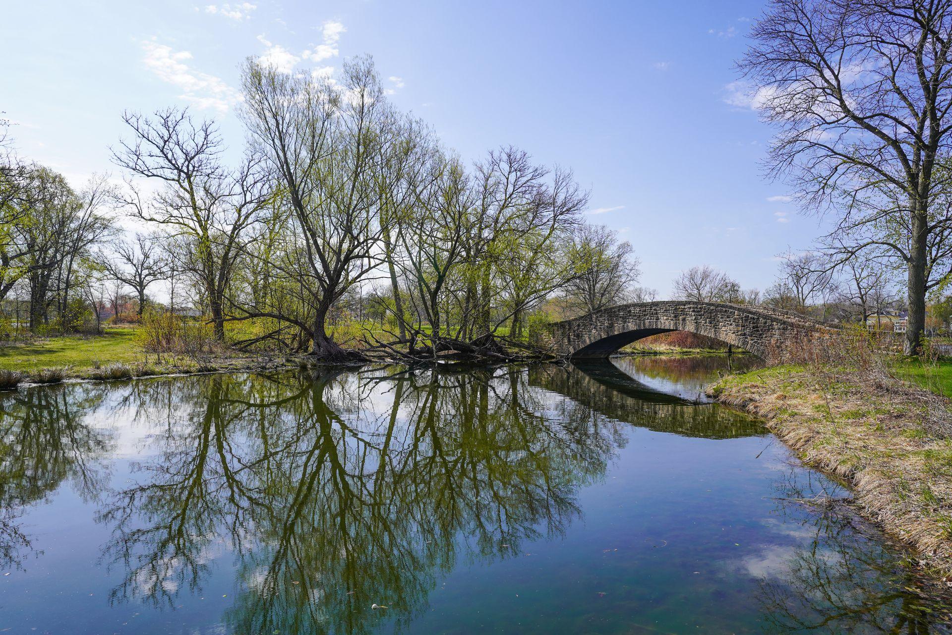 A stone bridge crosses over a waterway in Tenney Park. Several trees create a reflection on the water.