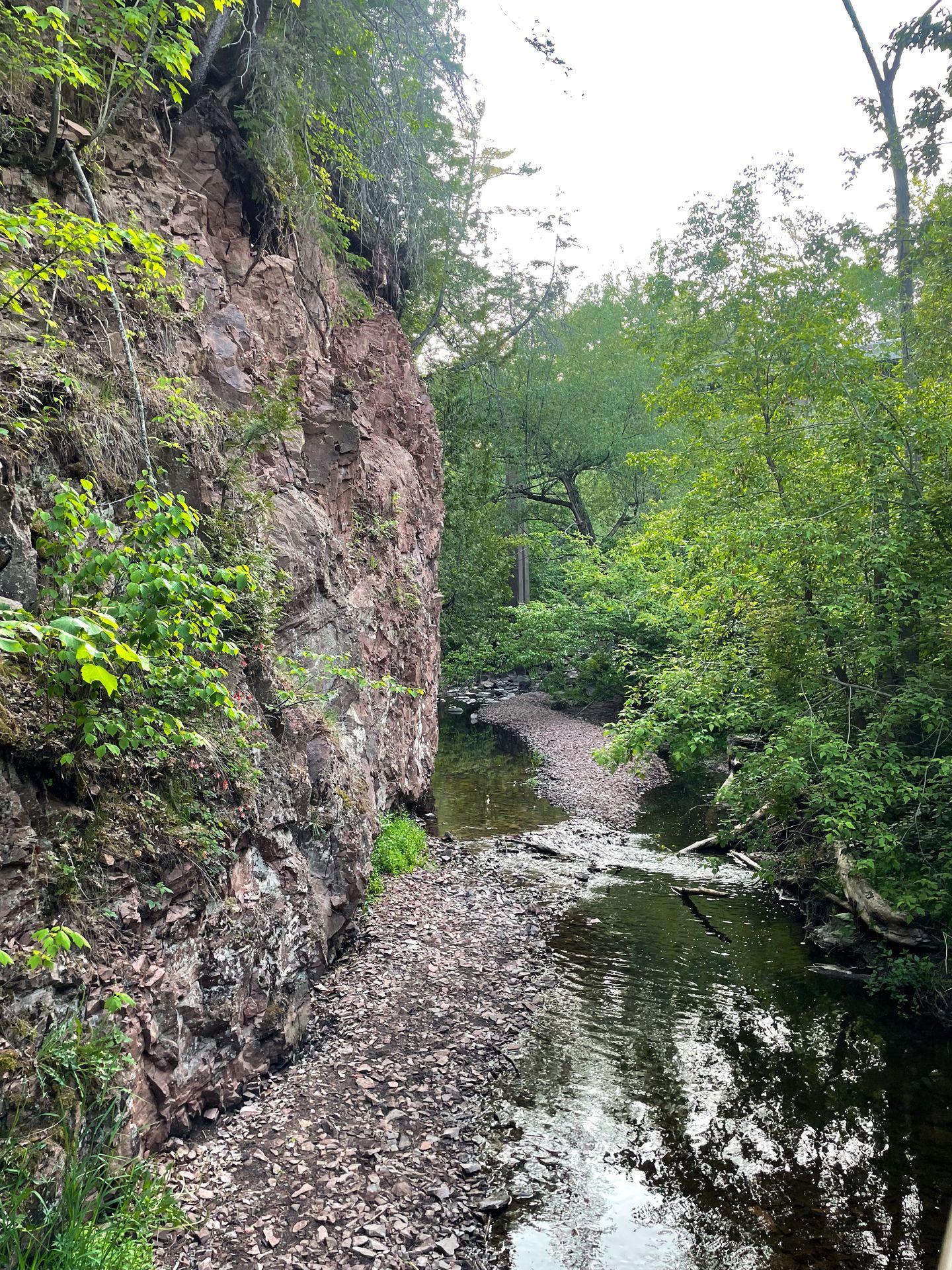 A reddish rock wall extends up next to a shallow creek in Congdon Park