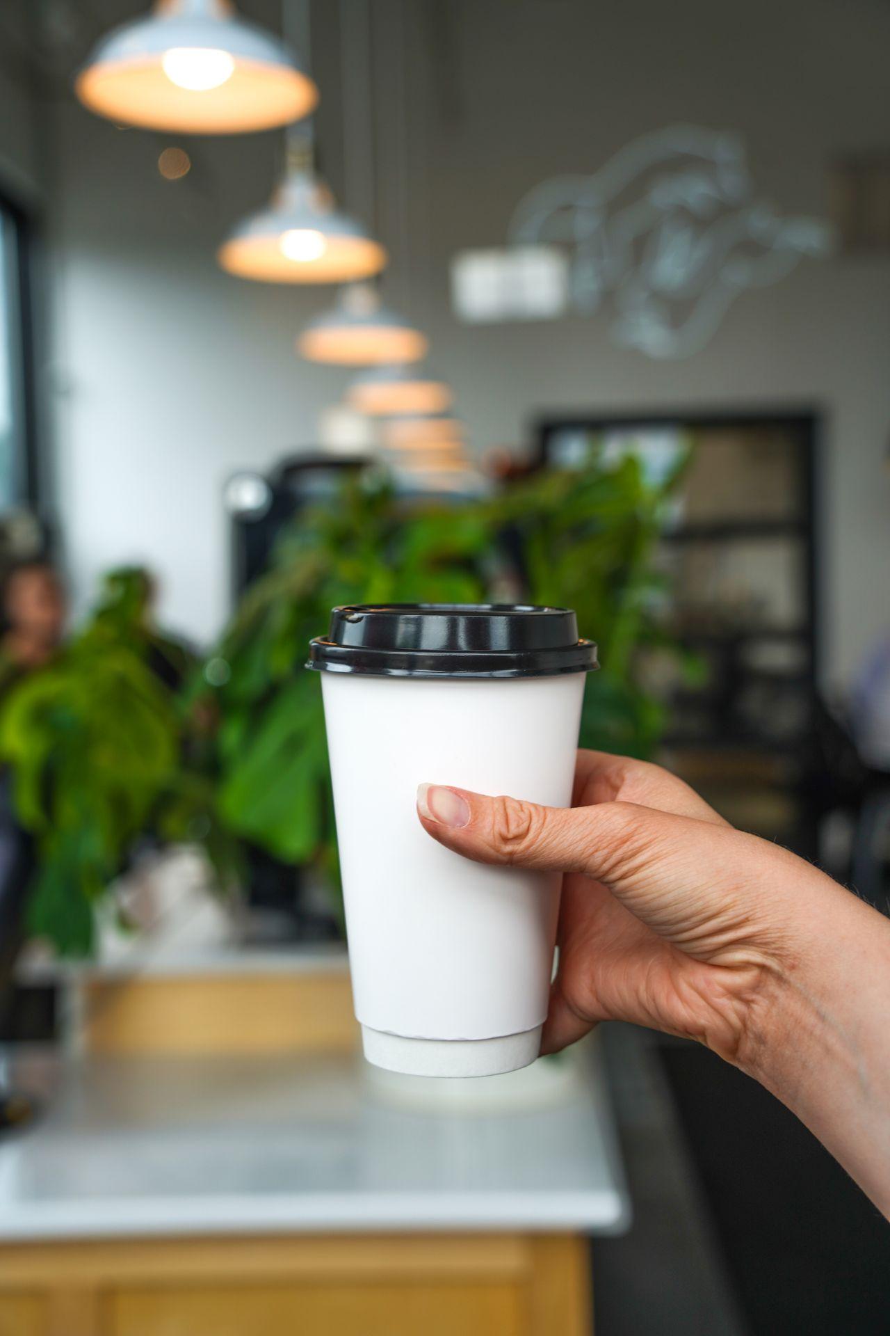 A hand holding a white cup with a black lid