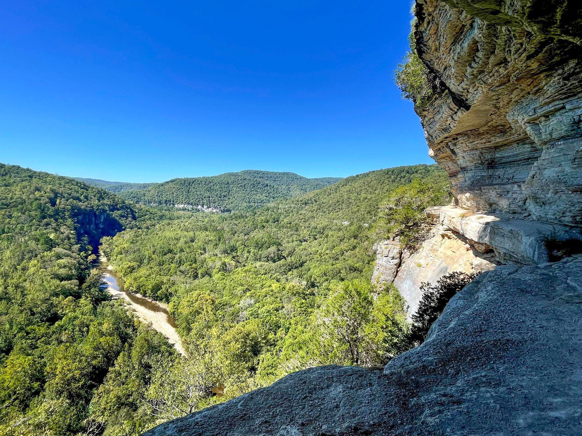 A view of the Buffalo National Park from the Goats Bluff Trail in Arkansas. There is a large cliff face and the river is in the valley down below.