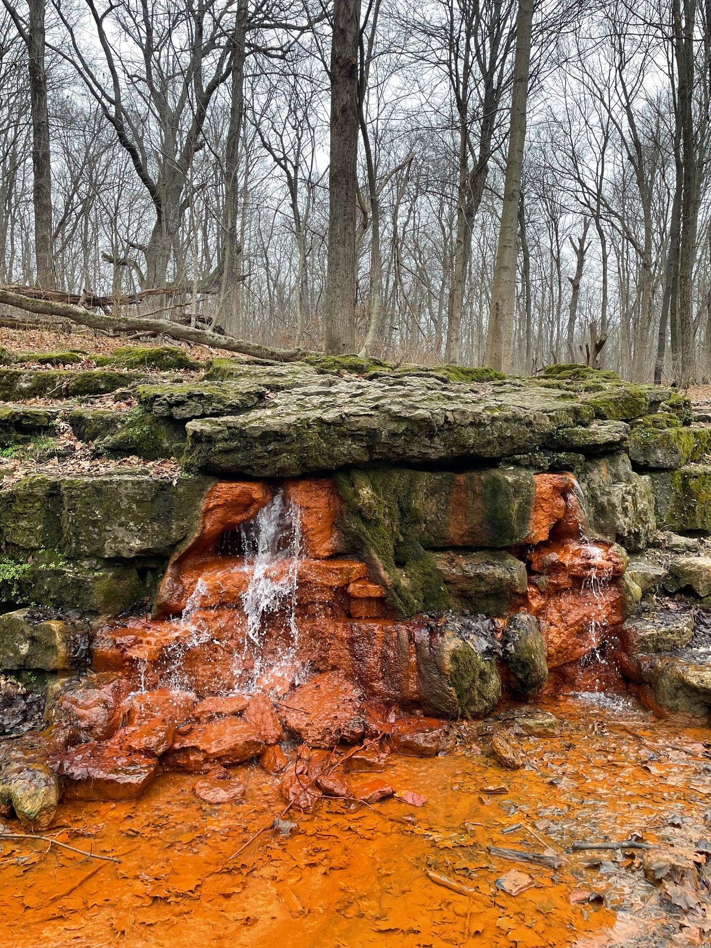 A spring flowing out of an area turned orange from iron
