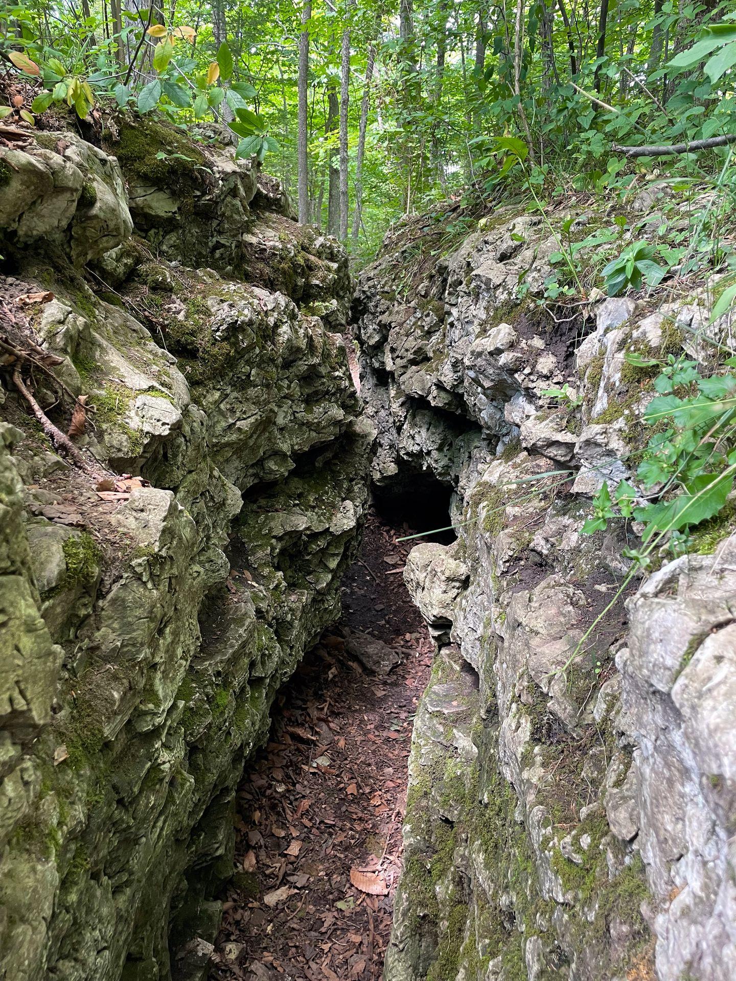 Looking through a narrow area of rocks that almost touch.