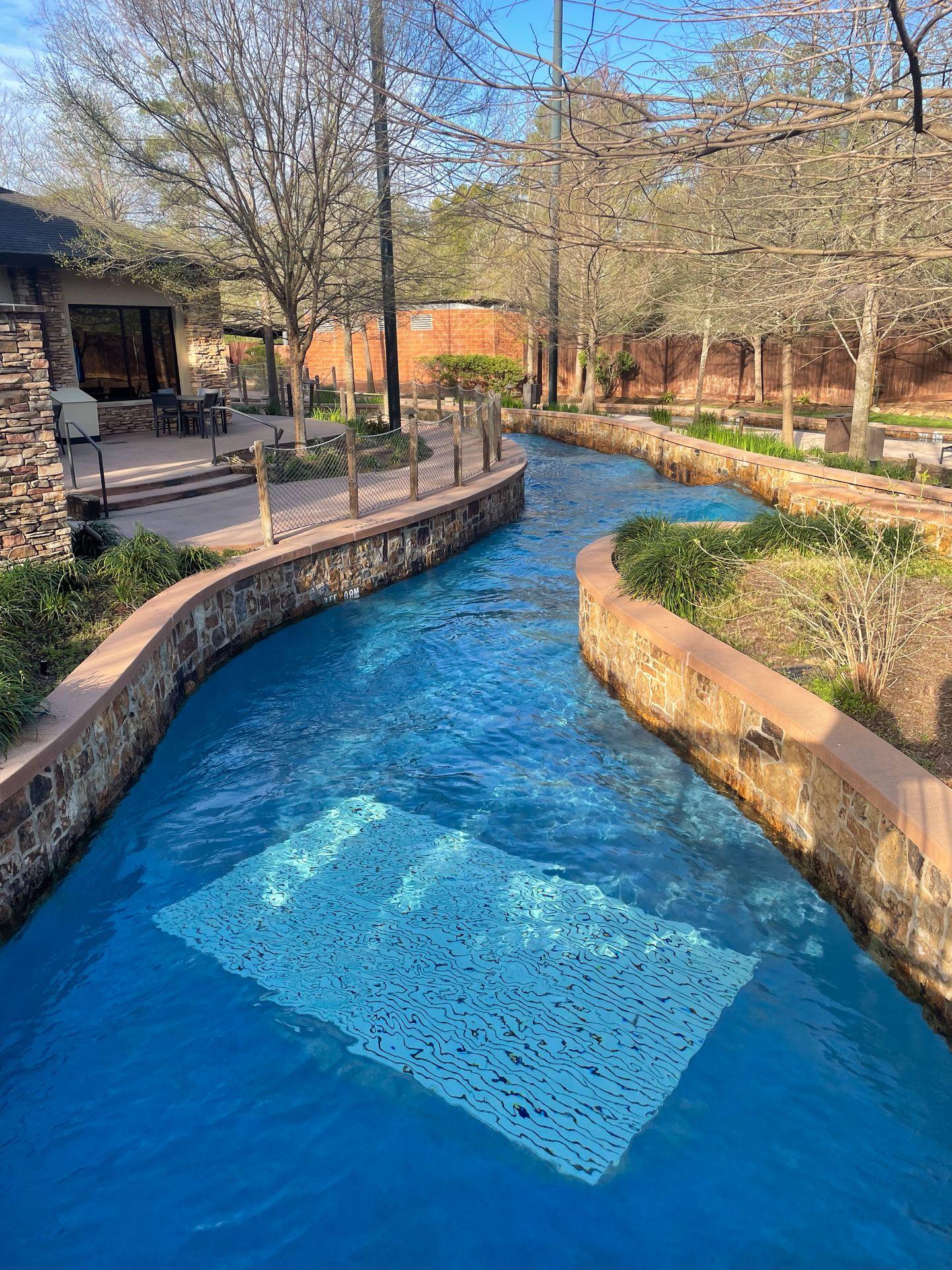 Looking over the lazy river at The Woodlands Resort